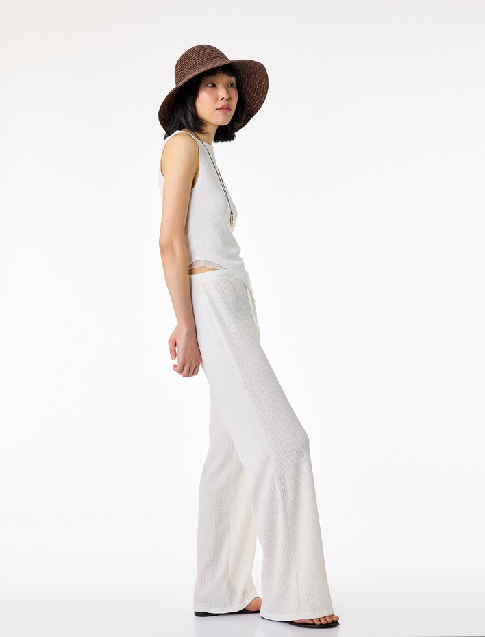  Beli Bağcıklı Bürümcük Kumaş Geniş Paça Pantolon