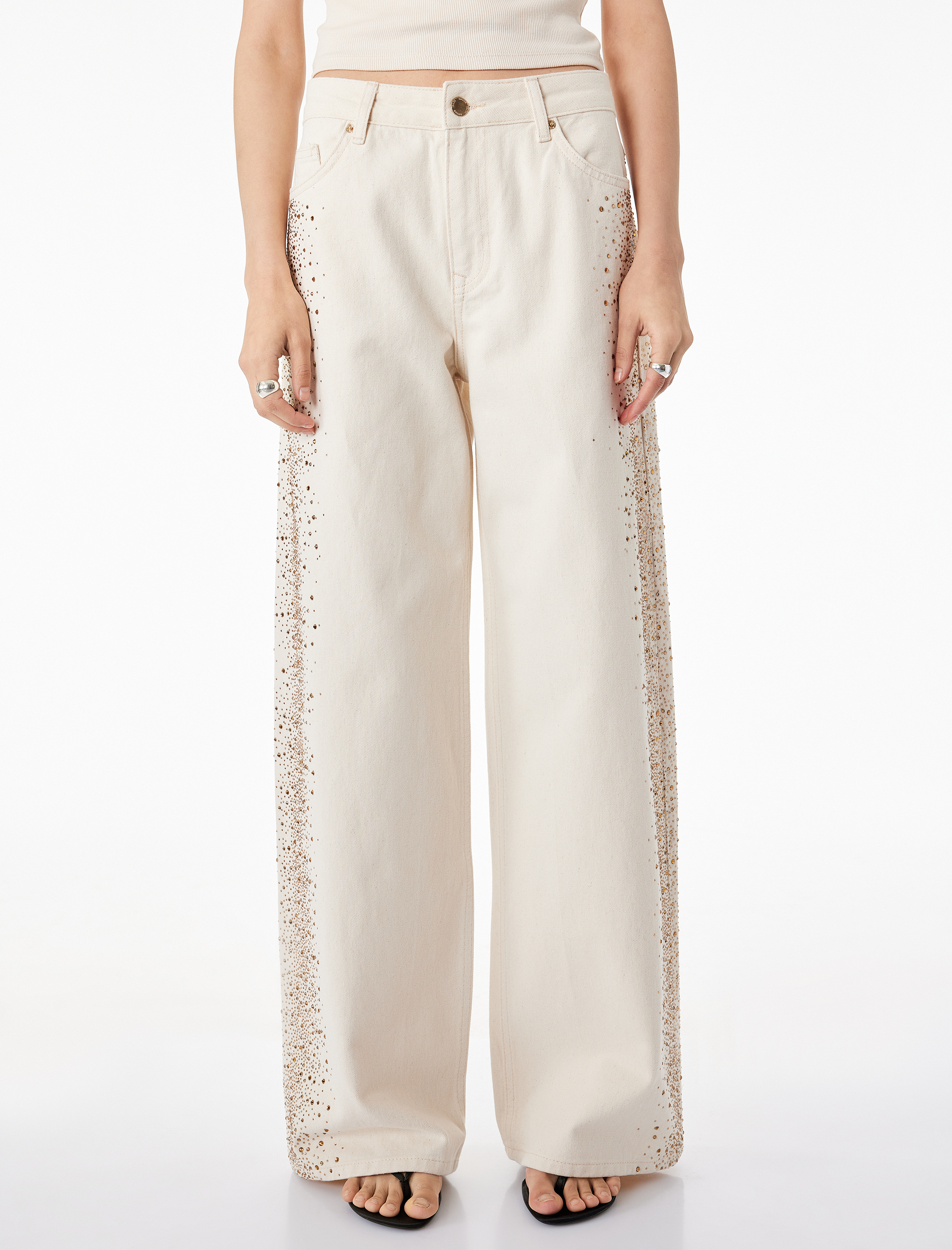 Cepli Taş Detaylı Geniş Paça Denim Pantolon - Wide Leg Jeans - Görsel 3