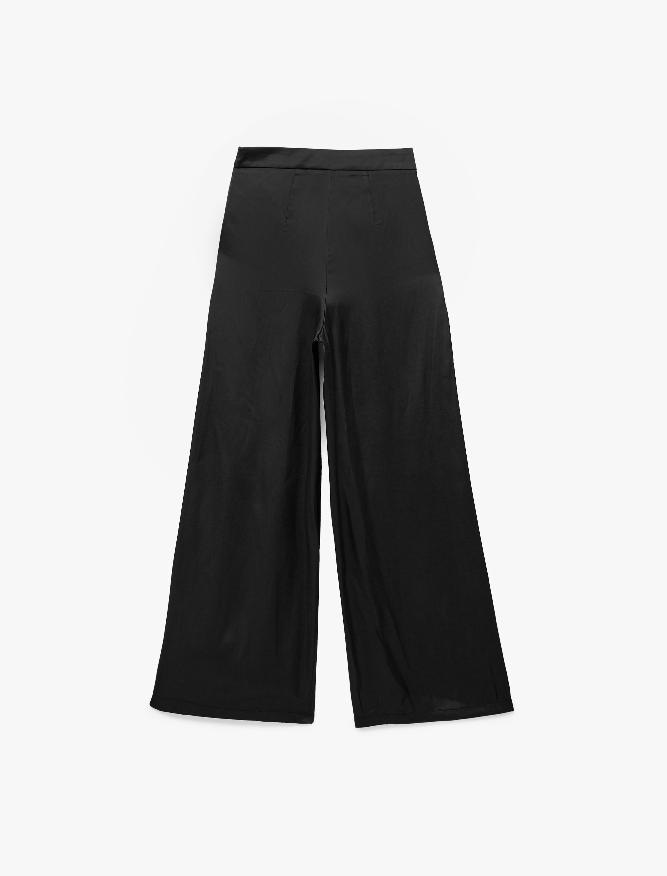 Cep Detaylı Pileli Saten Geniş Paça Pantolon - Görsel 4