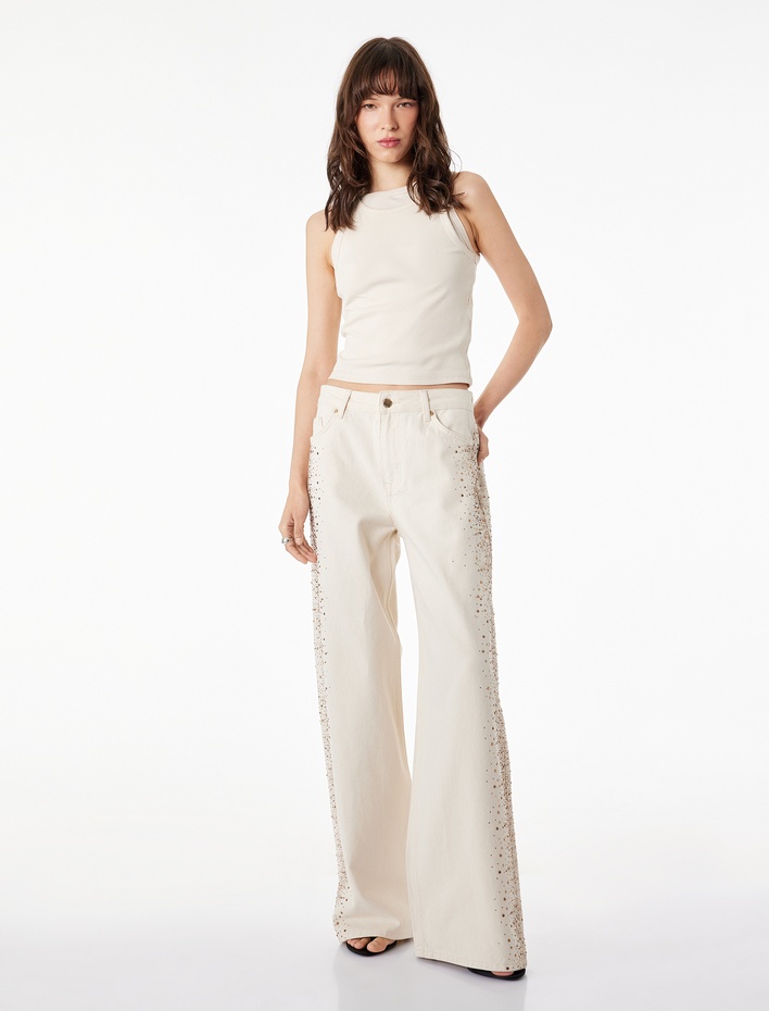  Cepli Taş Detaylı Geniş Paça Denim Pantolon -  Wide Leg Jeans