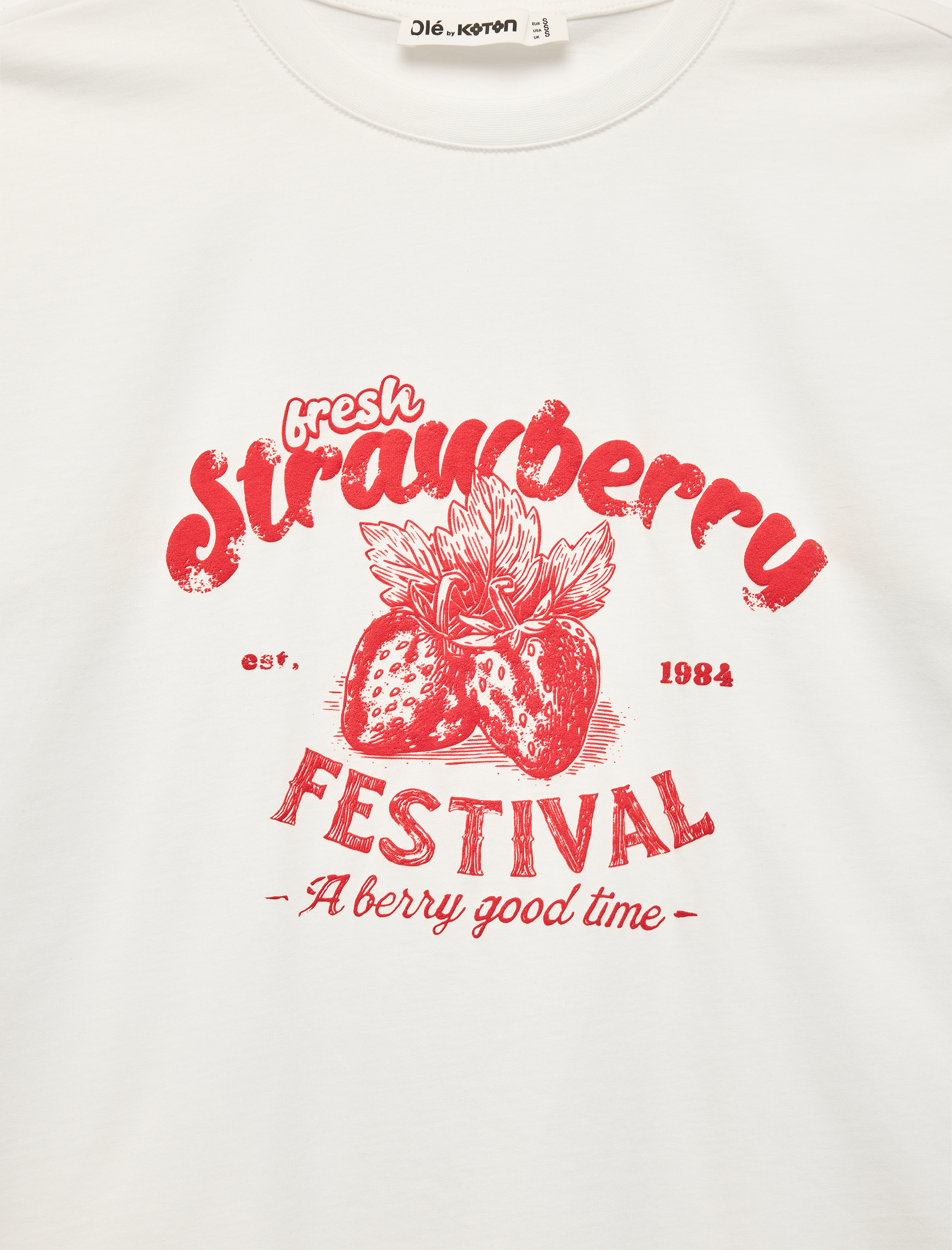 Kısa Kollu Bisiklet Yaka Çilek Baskılı Rahat Kalıp Pamuklu Tişört - Görsel 5