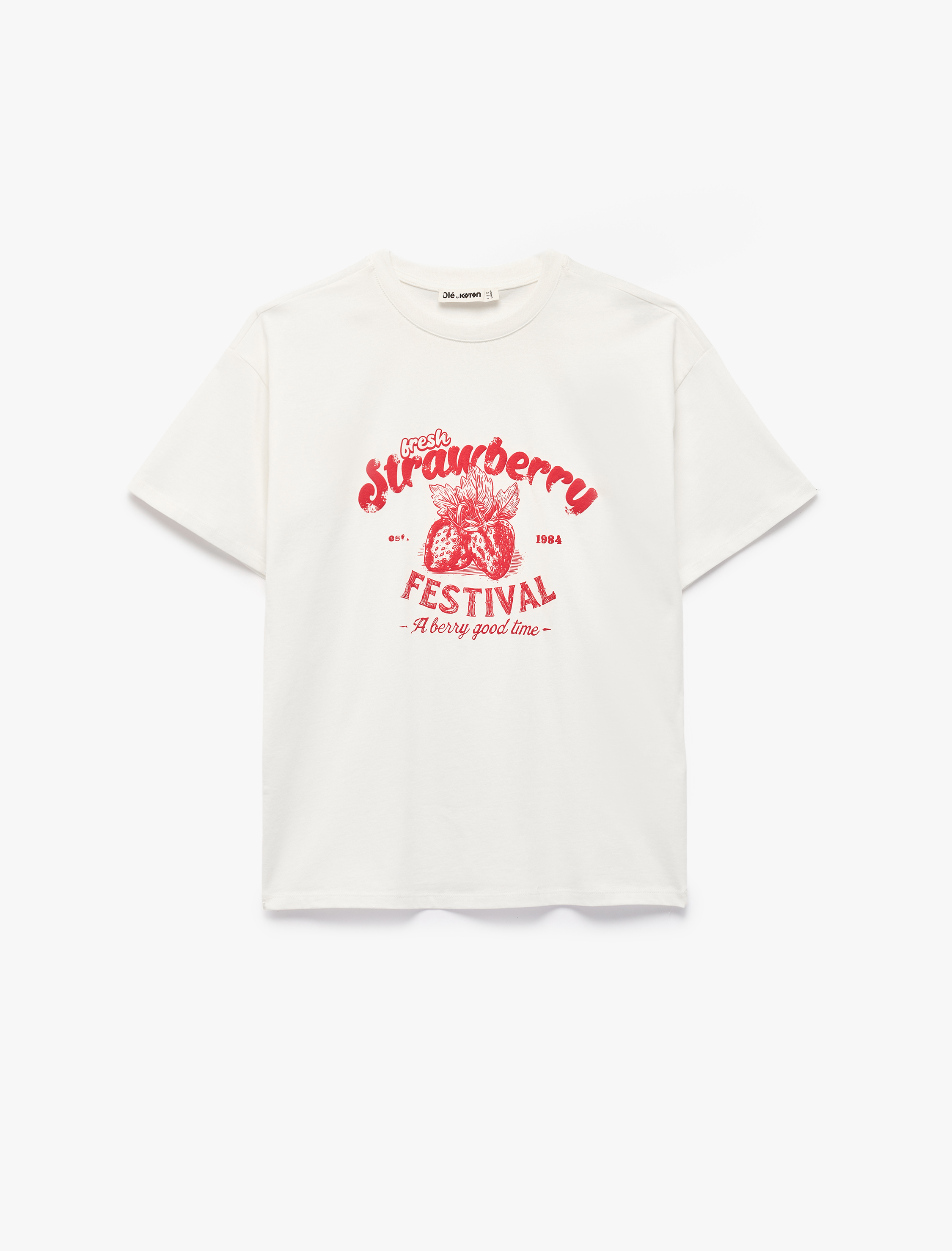 Kısa Kollu Bisiklet Yaka Çilek Baskılı Rahat Kalıp Pamuklu Tişört - Görsel 3