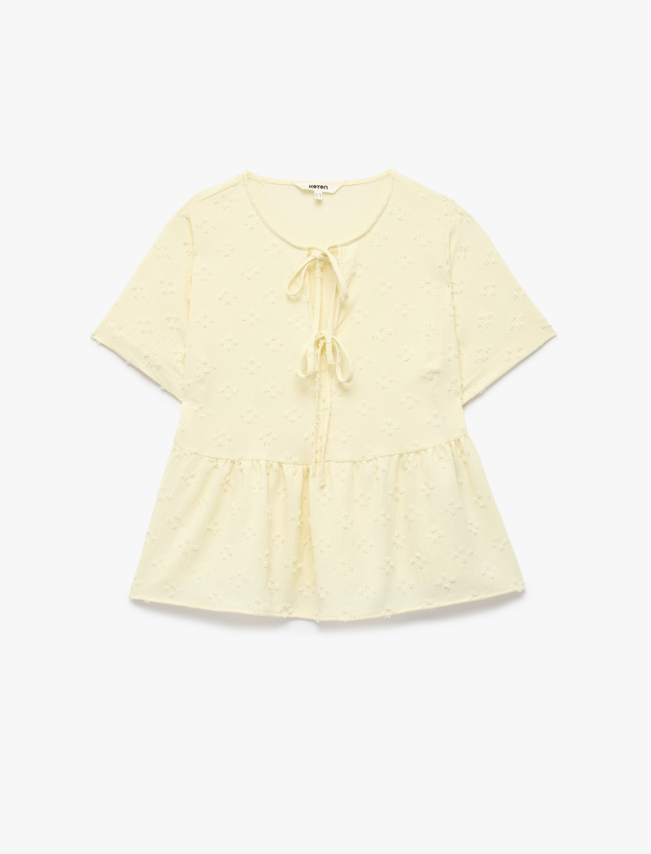   Bağlamalı Fiyonk Detaylı Kısa Kollu Dokulu Peplum Bluz