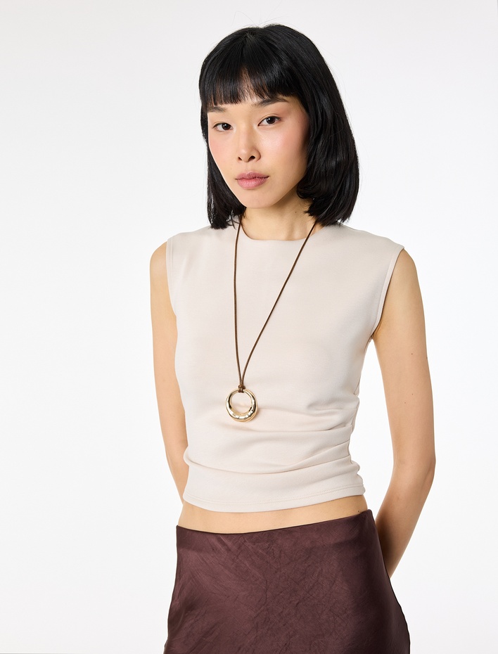  Scuba Kumaş Drape Detaylı Kolsuz Bisiklet Yaka Bluz