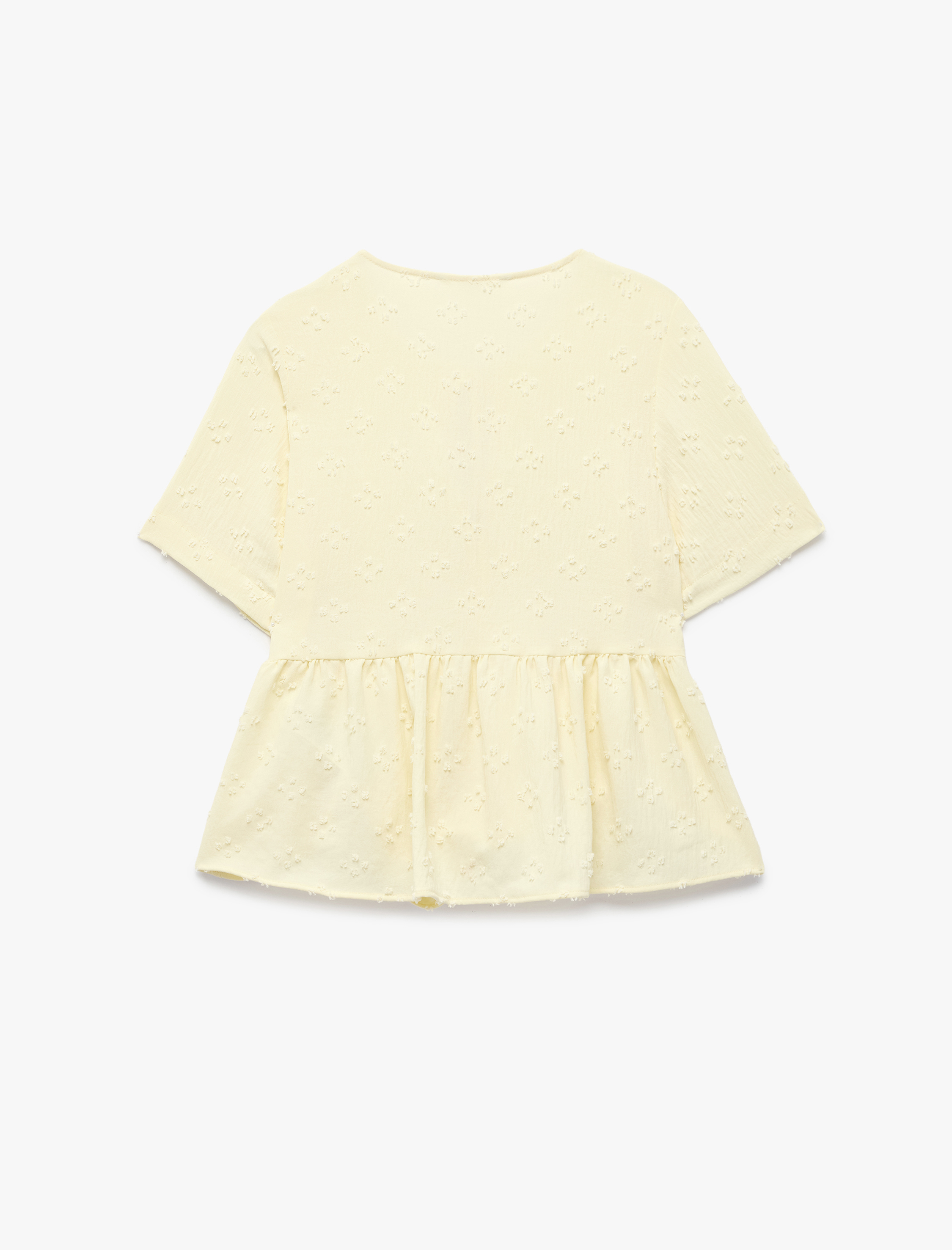   Bağlamalı Fiyonk Detaylı Kısa Kollu Dokulu Peplum Bluz