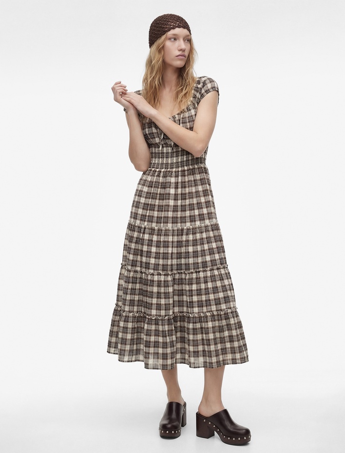  Rahat Kalıp Kısa Kollu Kareli Bağcıklı Katlı Gipeli U Yaka Midi Elbise