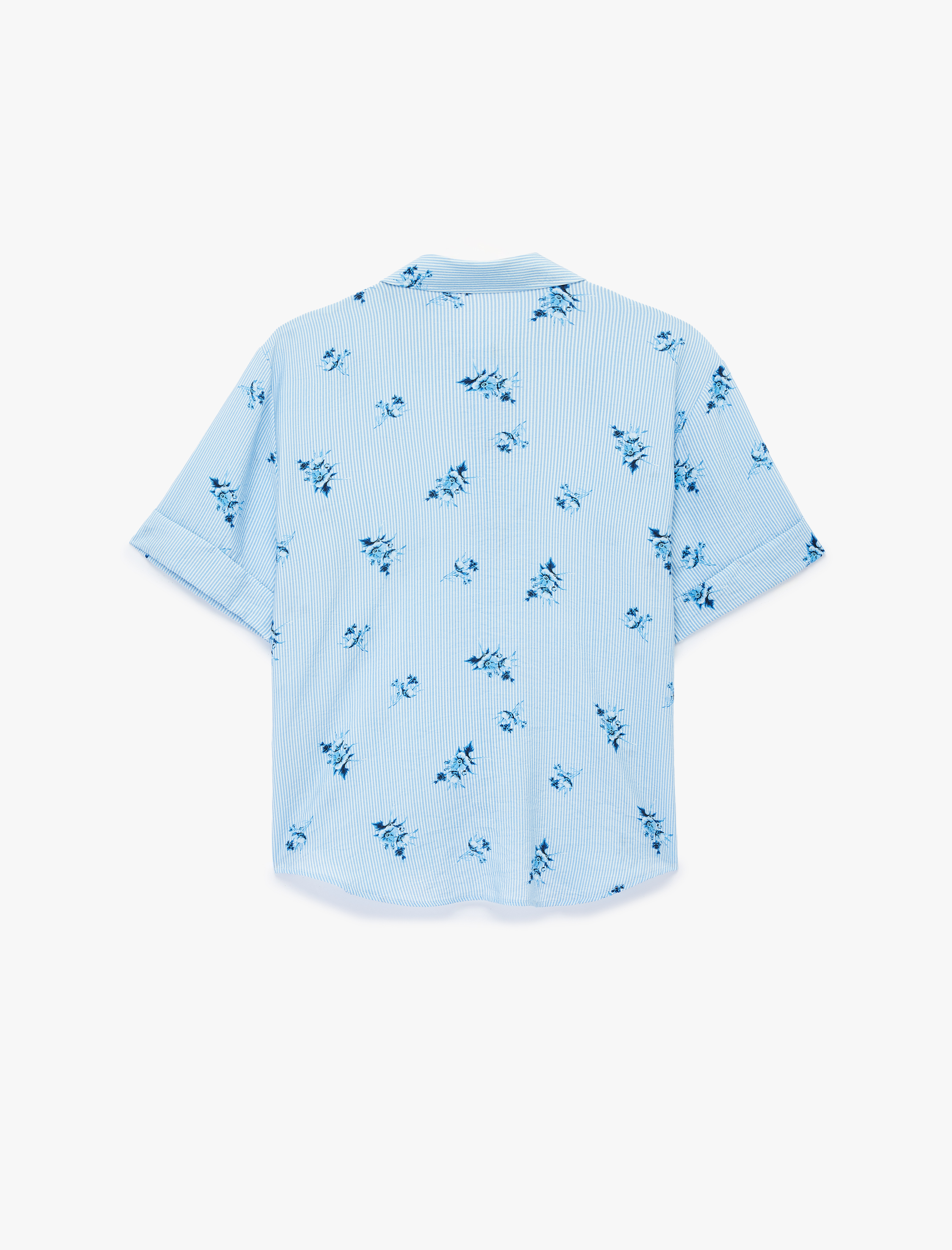 Kısa Kollu Nakış Detaylı Çiçekli Çizgili Gömlek - Görsel 4