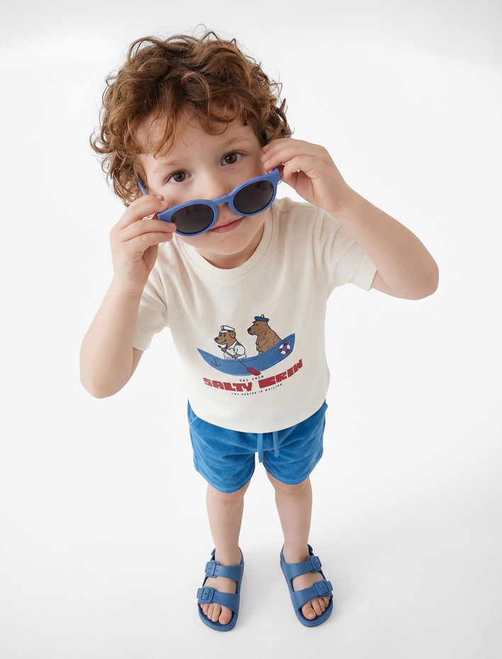 Erkek Bebek Kısa Kollu Bisiklet Yaka Baskılı Pamuklu Tişört