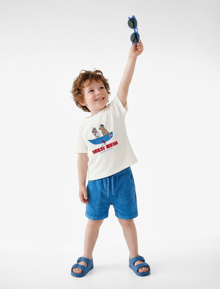 Erkek Bebek Kısa Kollu Bisiklet Yaka Baskılı Pamuklu Tişört