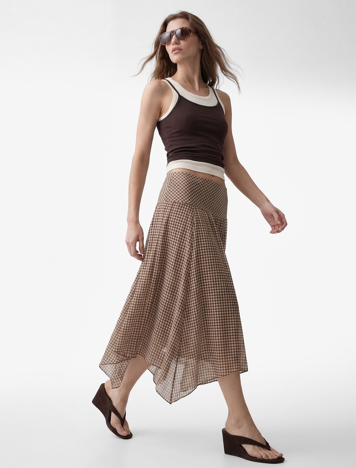  Pamuklu Asimetrik Kesim Pötikareli Midi Etek