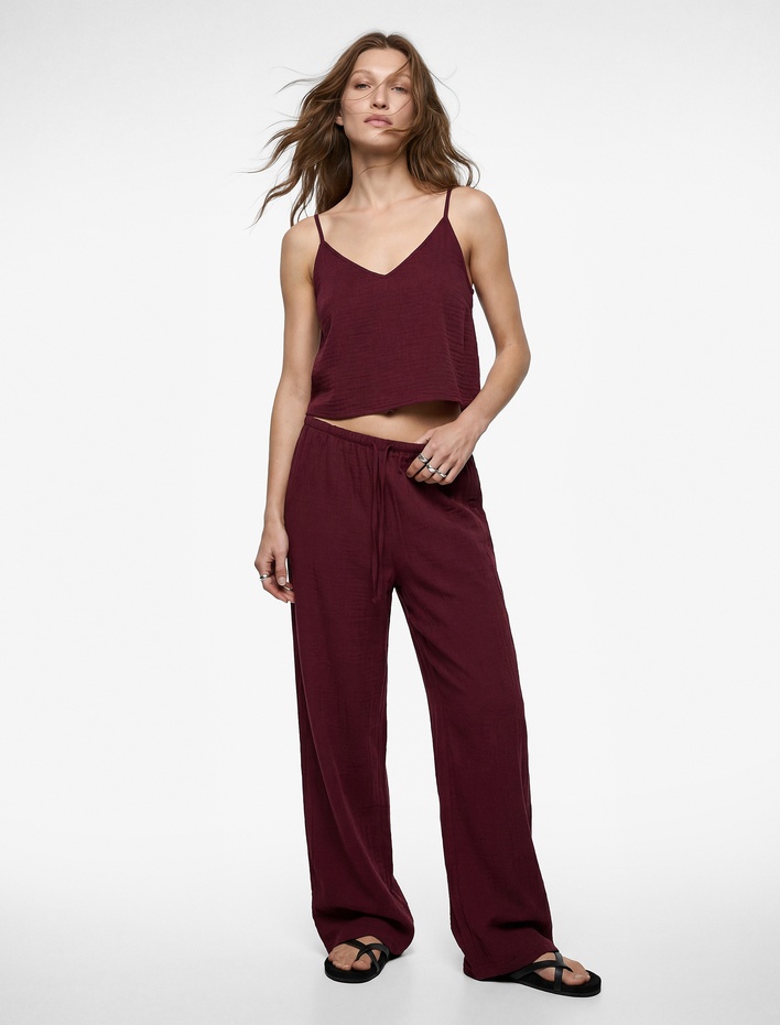  Cepli Beli Bağlamalı Geniş Paça Pantolon