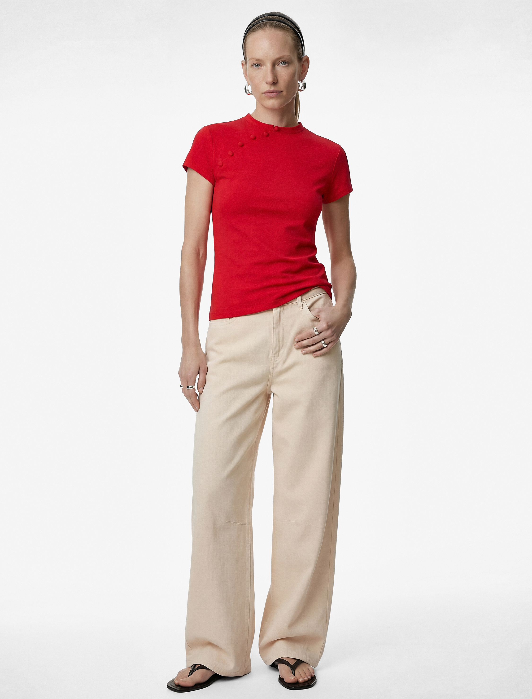   Krep Scuba Kumaş Slim Fit Kısa Kollu Düğmeli Dik Qipao Yaka Tişört