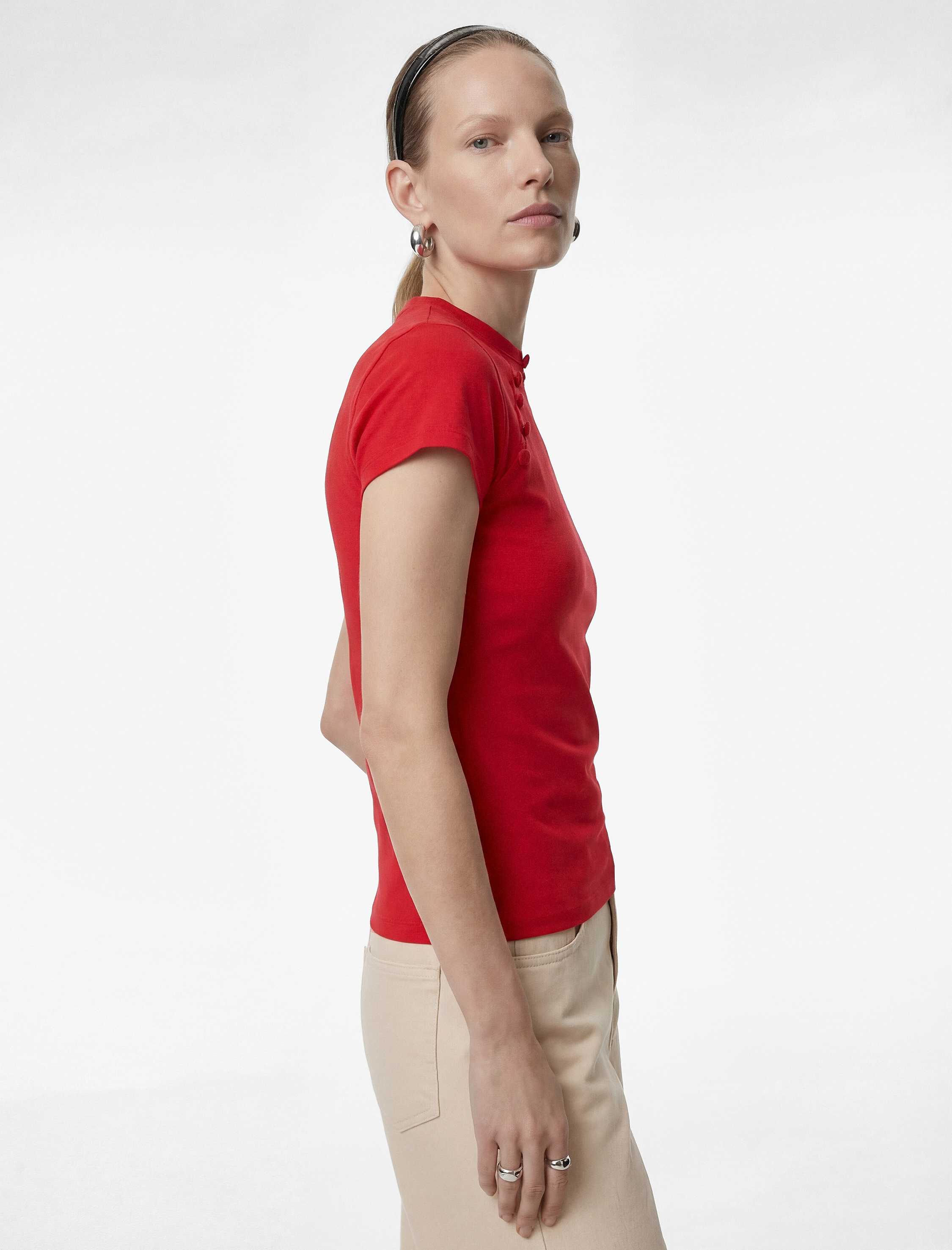   Krep Scuba Kumaş Slim Fit Kısa Kollu Düğmeli Dik Qipao Yaka Tişört