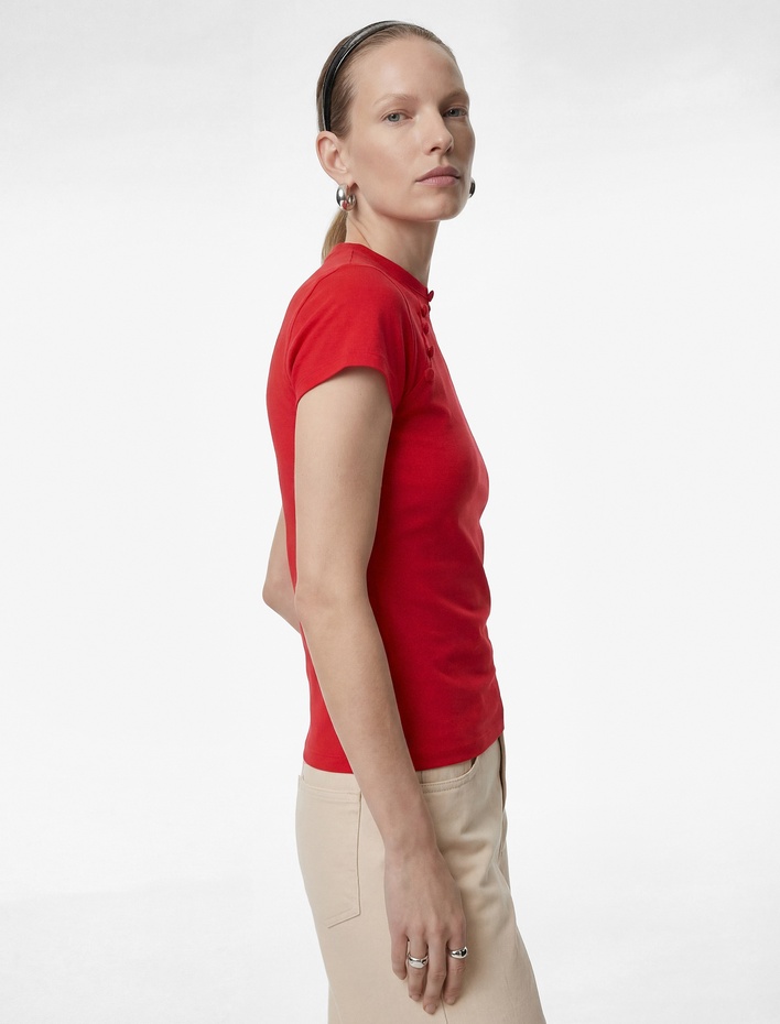  Krep Scuba Kumaş Slim Fit Kısa Kollu Düğmeli Dik Qipao Yaka Tişört