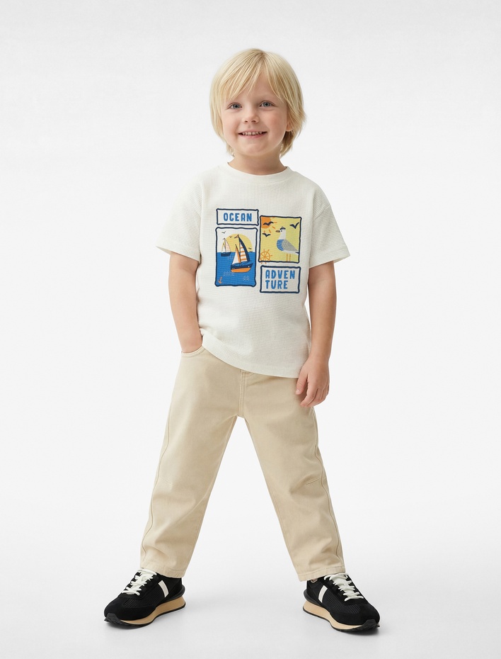 Erkek Bebek Kısa Kollu Bisiklet Yaka Baskılı Pamuklu Tişört