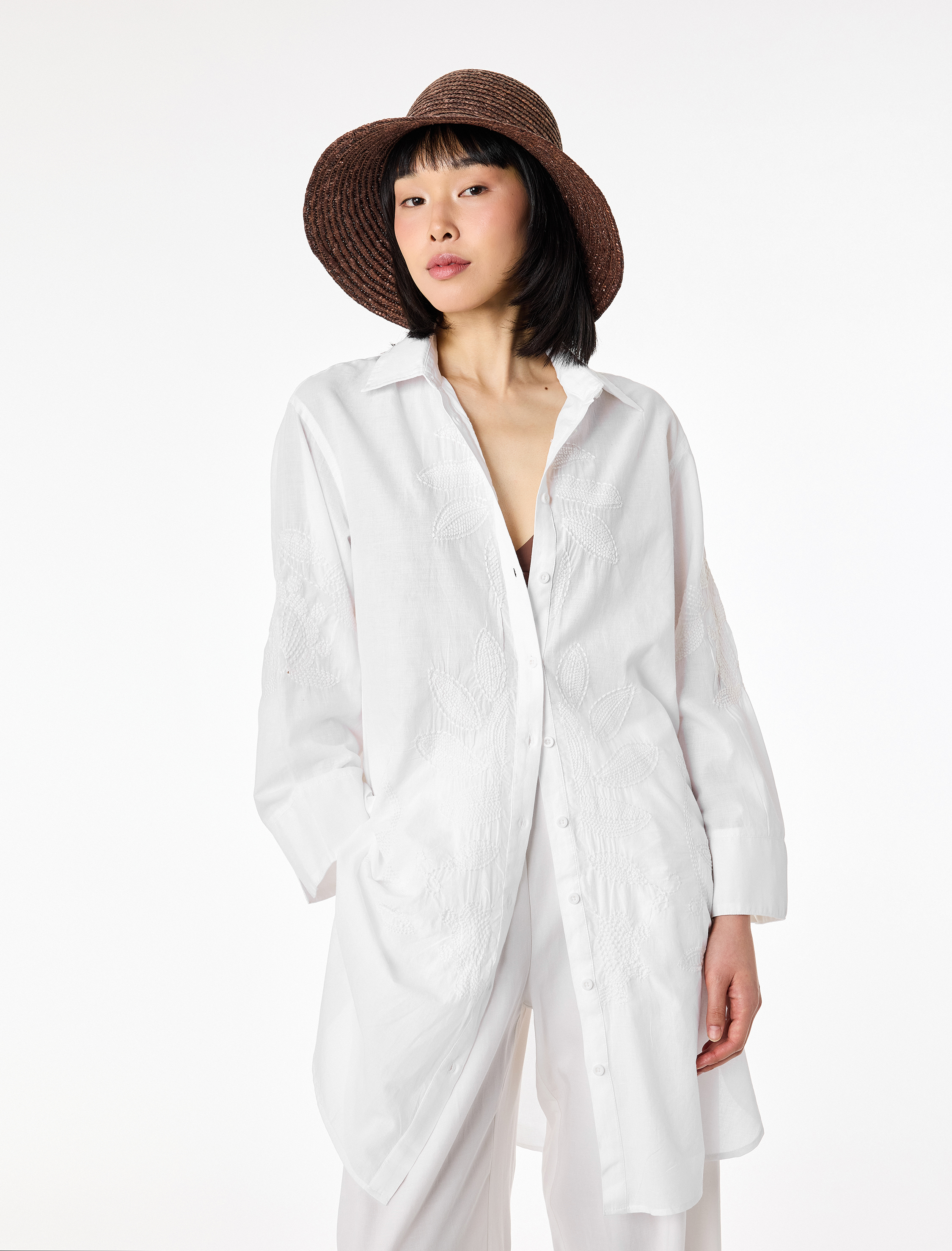   Pamuklu Floral Nakış Detaylı Brodeli 3/4 Kollu Gömlek Yaka Oversize Tunik Elbise