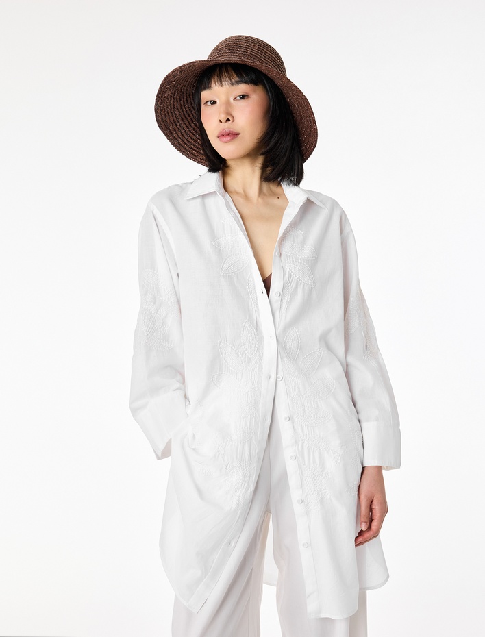  Pamuklu Floral Nakış Detaylı Brodeli 3/4 Kollu Gömlek Yaka Oversize Tunik Elbise