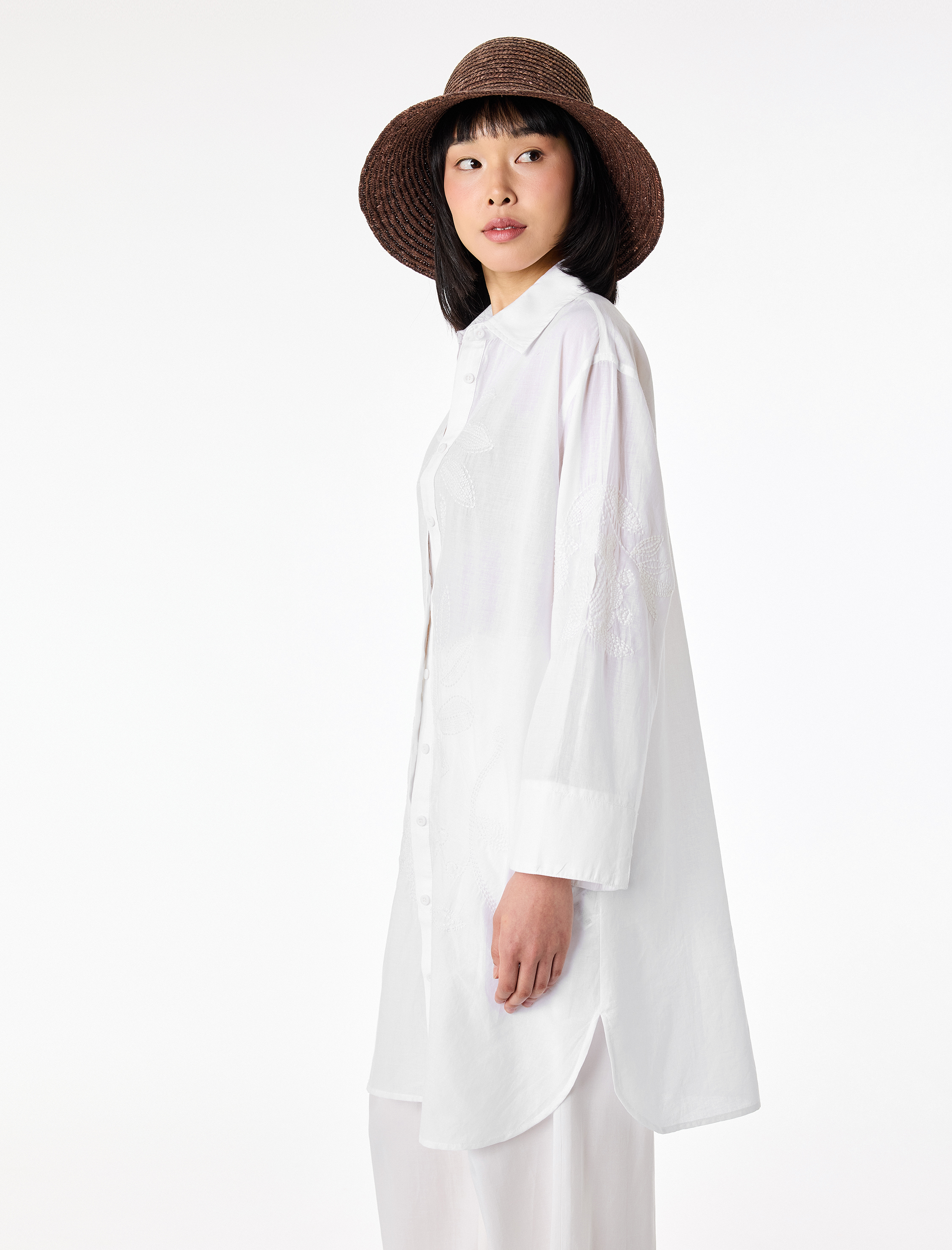   Pamuklu Floral Nakış Detaylı Brodeli 3/4 Kollu Gömlek Yaka Oversize Tunik Elbise