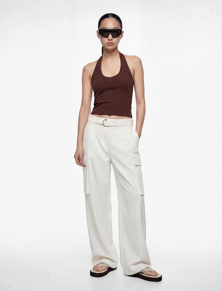  Halter Yaka Kolsuz Pamuklu Crop Bluz