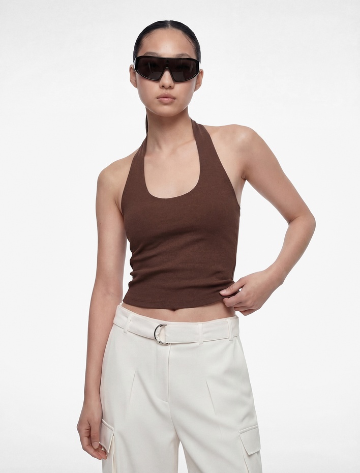  Halter Yaka Kolsuz Pamuklu Crop Bluz