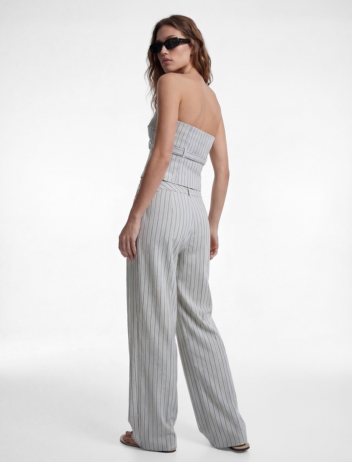  Viskon Karışımlı Pile Detaylı Çizgili Geniş Paça Pantolon