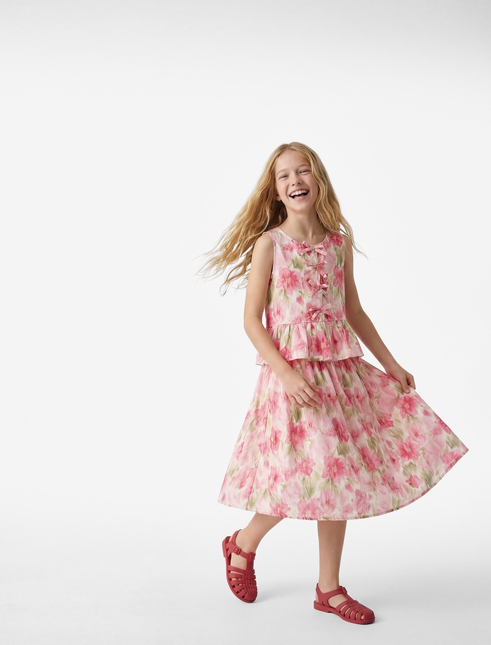 Kız Çocuk Çiçek Desenli Bisiklet Yaka Kolsuz Fiyonk Detaylı Viskon Bluz