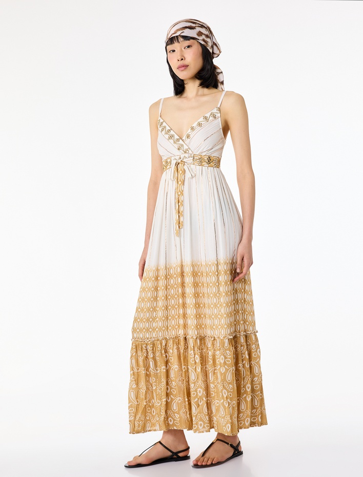  Bağlama Detaylı Etnik Desenli Parıltılı Uzun İnce Askılı Elbise