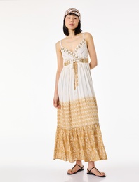 Bağlama Detaylı Etnik Desenli Parıltılı Uzun İnce Askılı Elbise