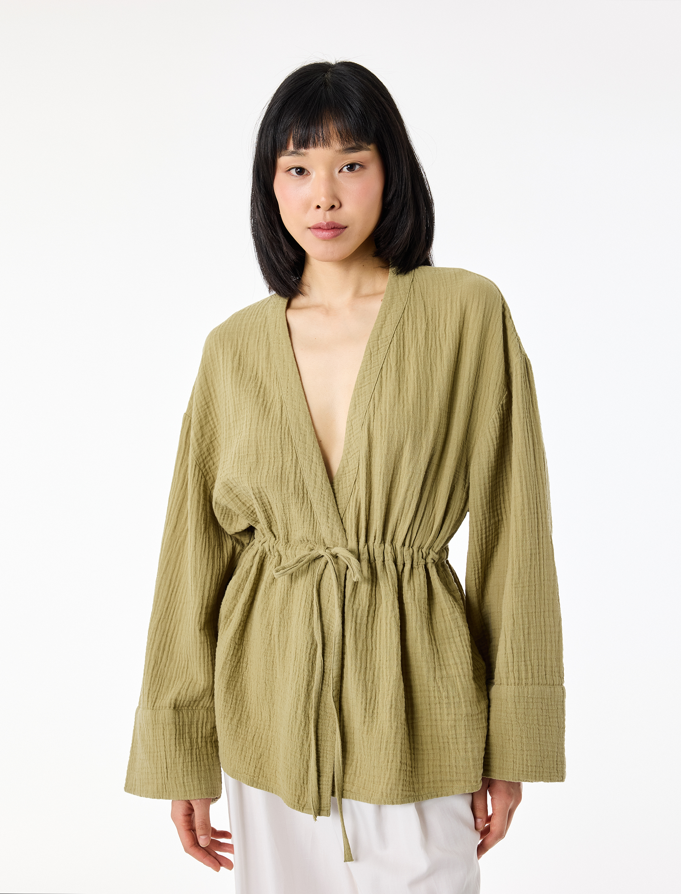   Pamuklu Uzun Kollu Beli Bağlamalı Müslin Kimono