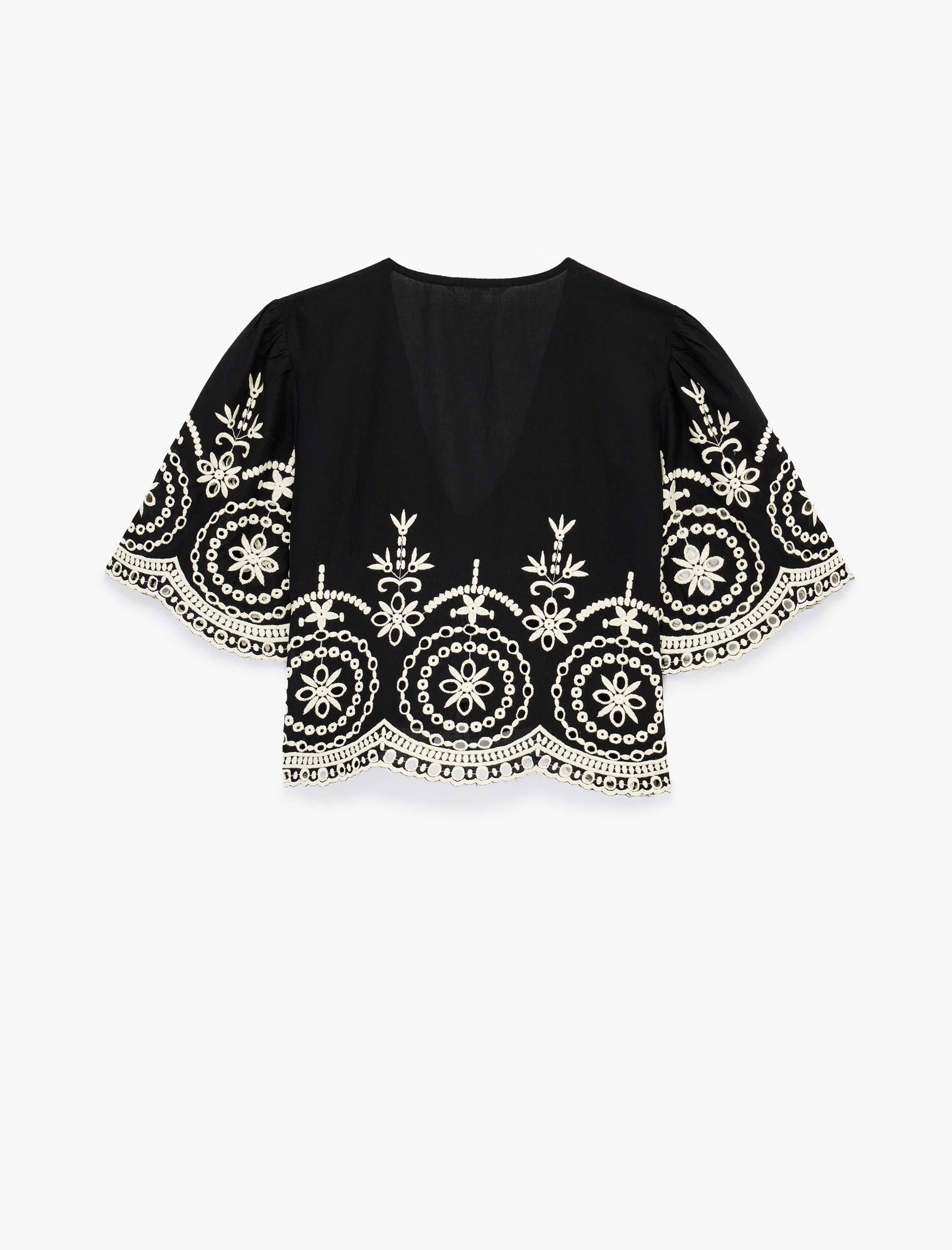   Pamuklu Kısa Karpuz Kollu Bağlamalı Brodeli Crop Bluz
