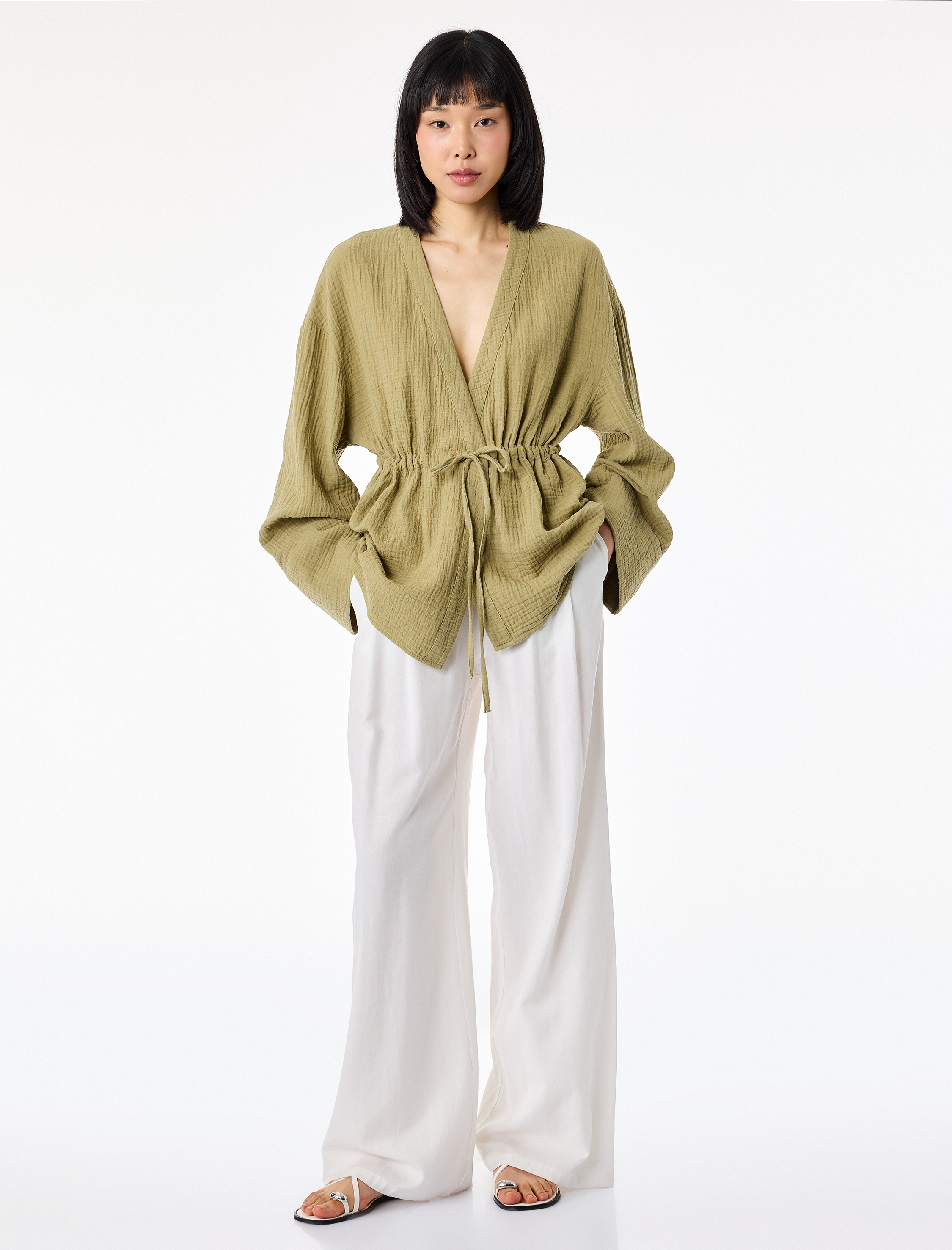   Pamuklu Uzun Kollu Beli Bağlamalı Müslin Kimono