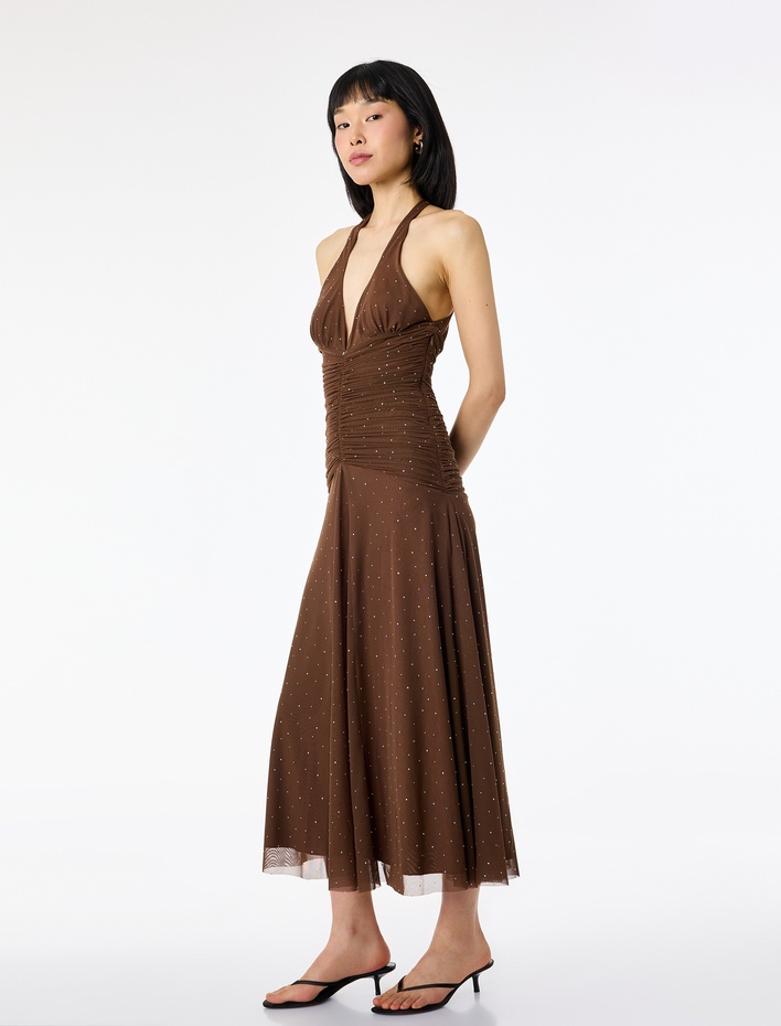  Derin V Yaka Kolsuz Drapeli Bodycon Tüllü Taşlı Abiye Elbise