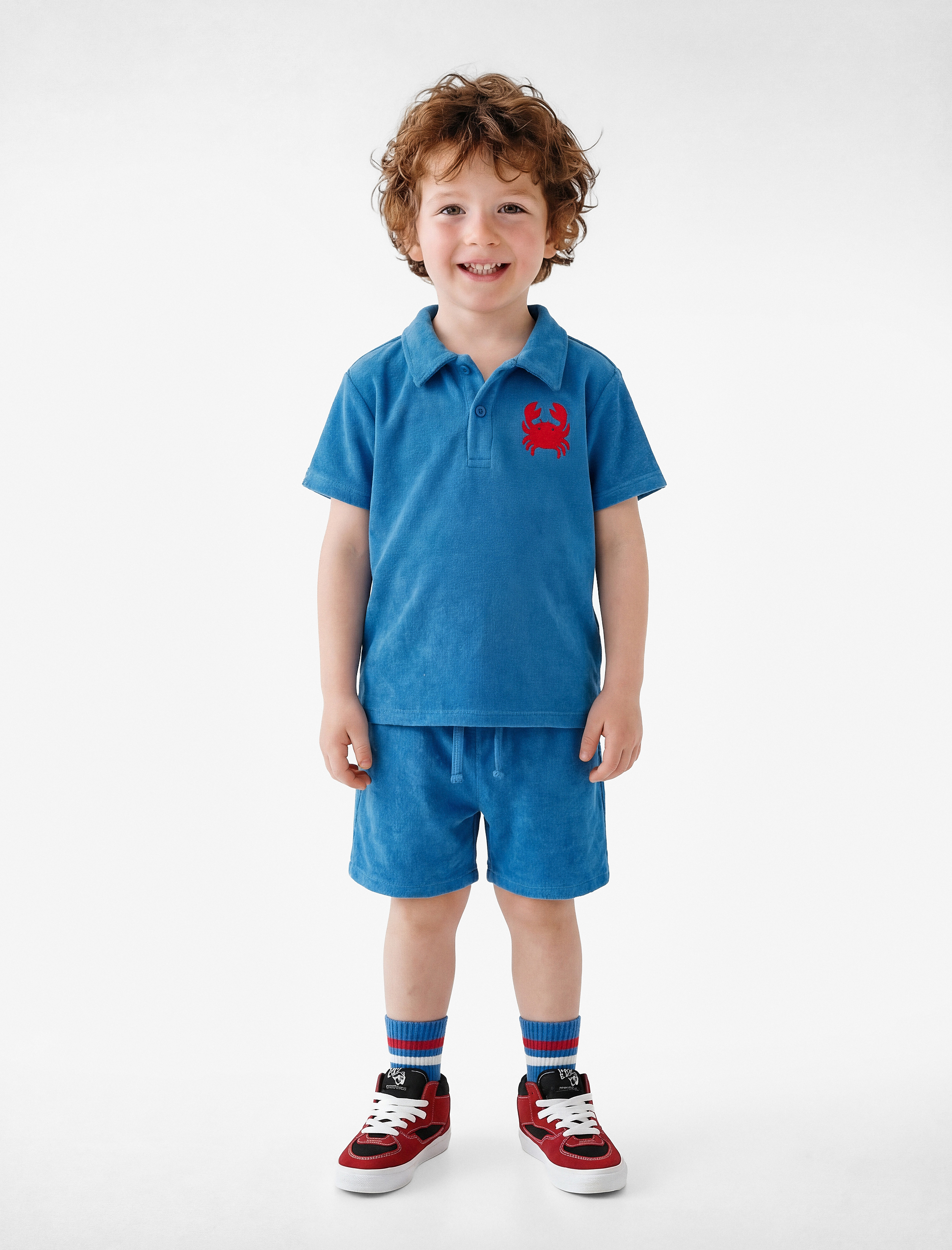  Erkek Bebek Yengeç İşlemeli Kısa Kollu Pamuklu Oversize Polo Yaka Tişört