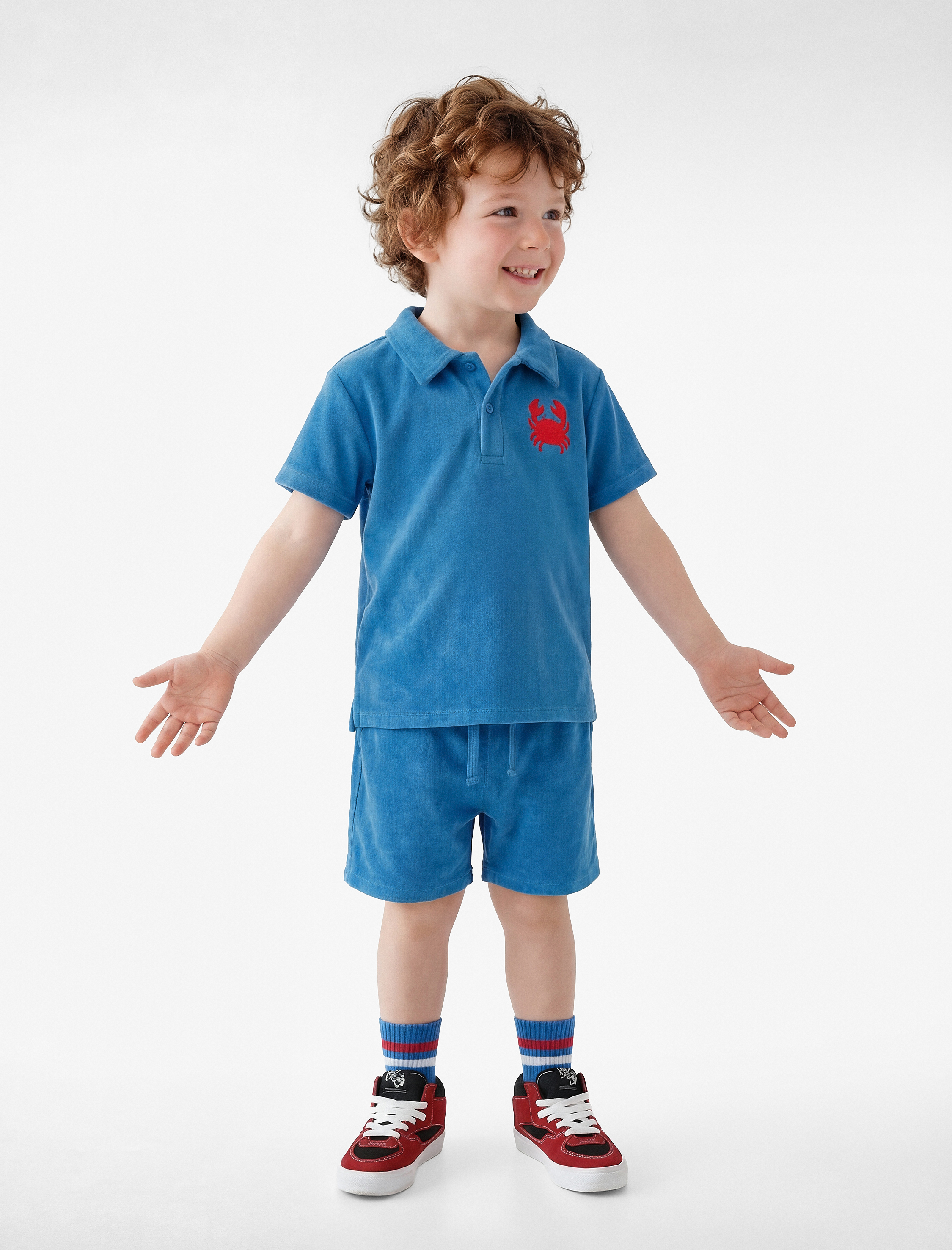  Erkek Bebek Yengeç İşlemeli Kısa Kollu Pamuklu Oversize Polo Yaka Tişört