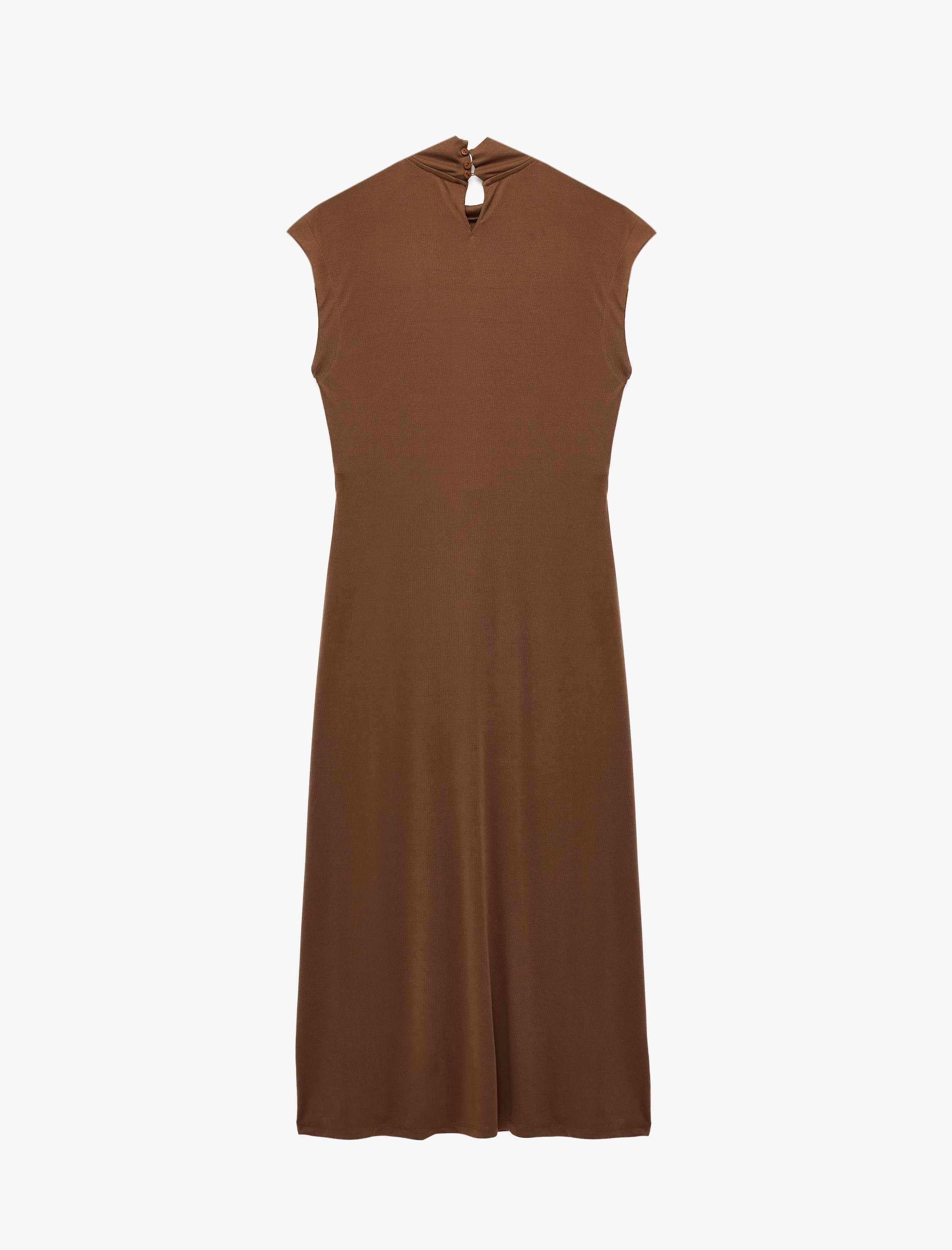   Modal Kumaş Slim Fit Kolsuz Yırtmaçlı Büzgülü Bağlama Detaylı Dik Yaka Uzun Elbise