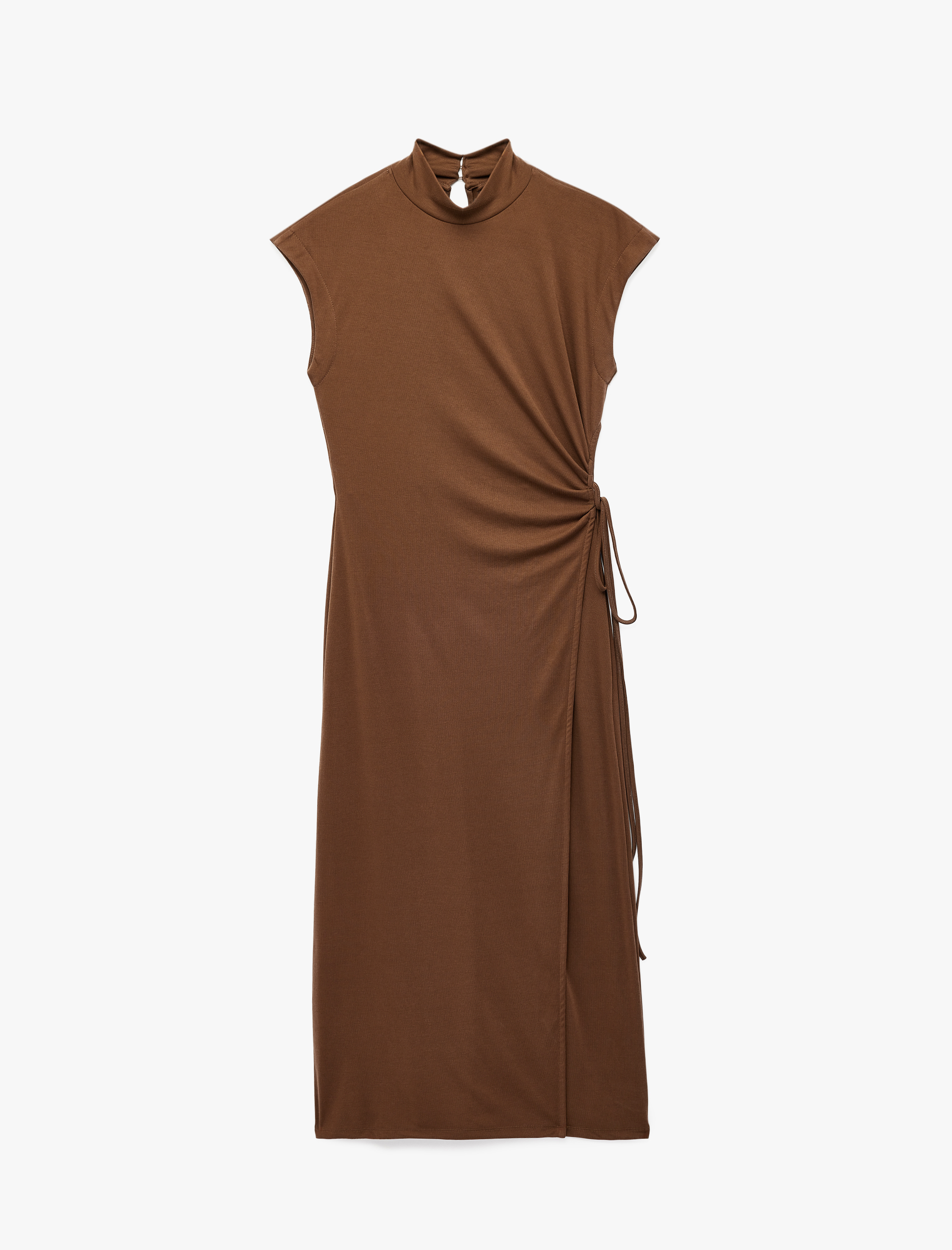   Modal Kumaş Slim Fit Kolsuz Yırtmaçlı Büzgülü Bağlama Detaylı Dik Yaka Uzun Elbise