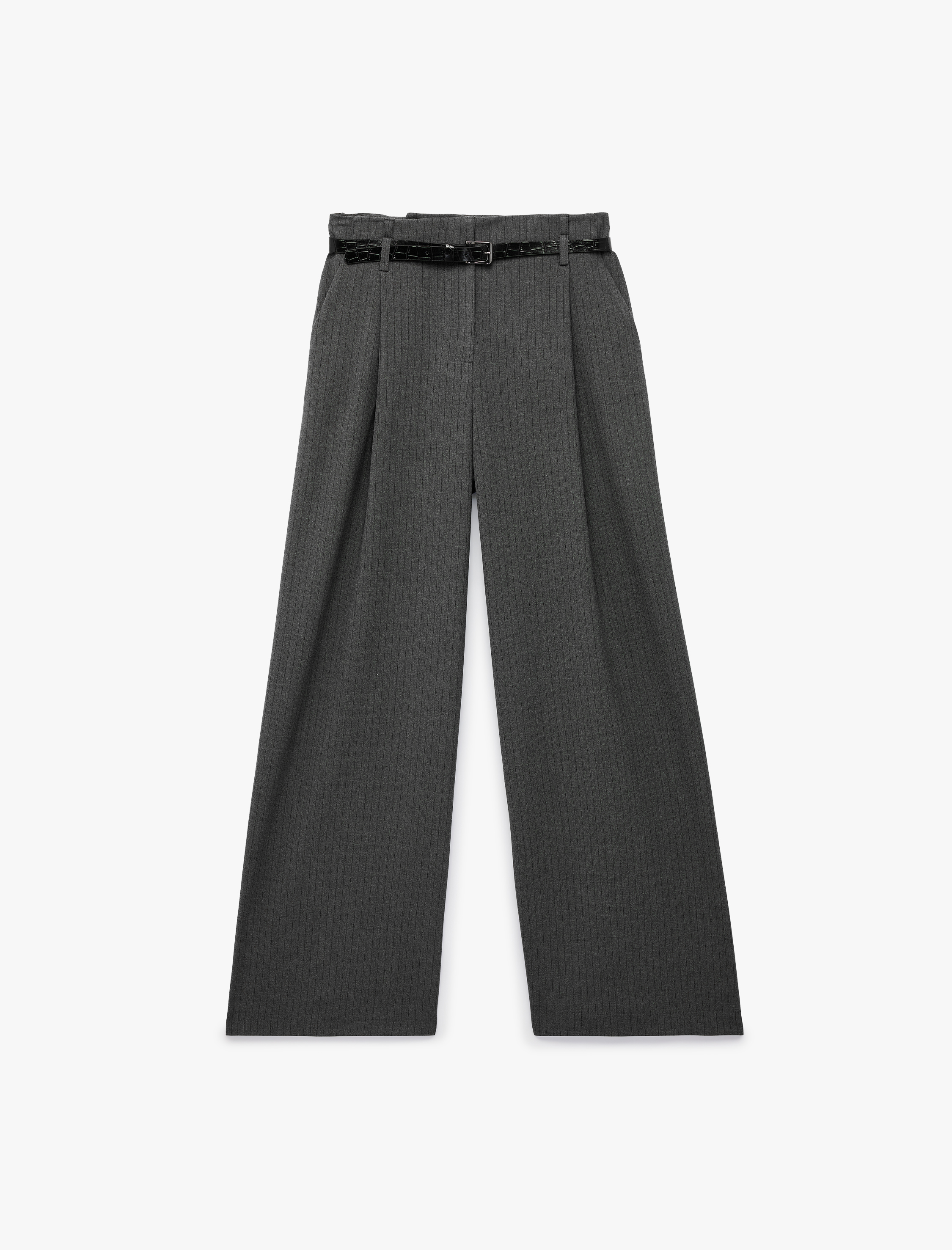 Pileli Düz Bol Paça Kemerli Çizgili Kumaş Pantolon - Görsel 3