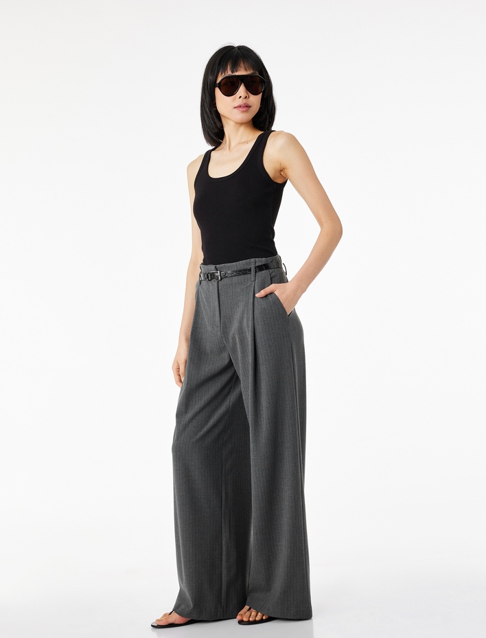  Pileli Düz Bol Paça Kemerli Çizgili Kumaş Pantolon