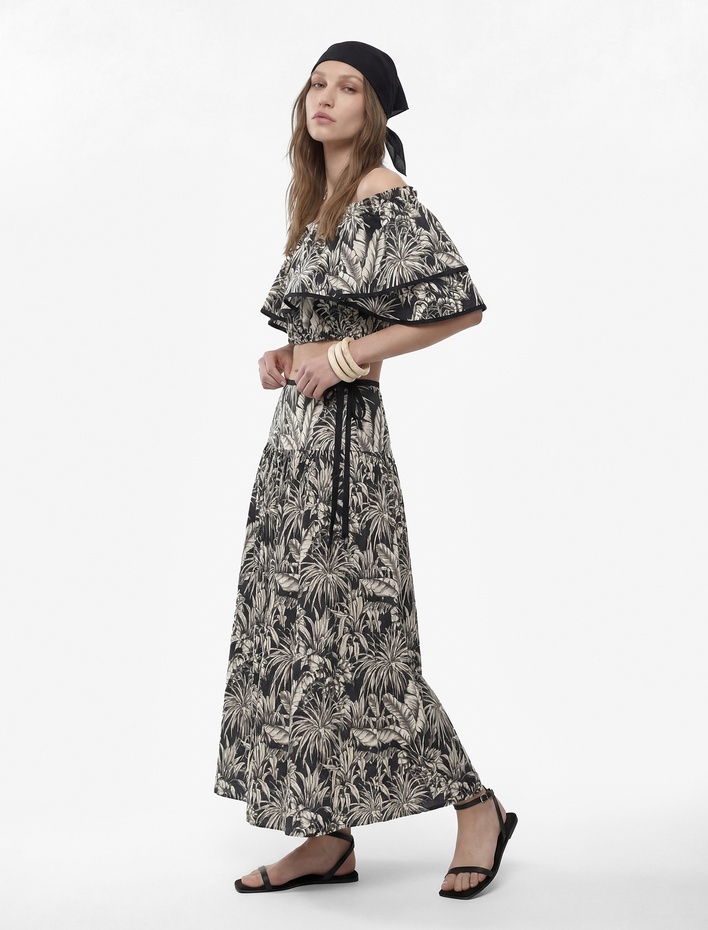  Viskon Salda Kumaş Belden Oturtmalı Fiyonklu Çiçekli Midi Kloş Etek