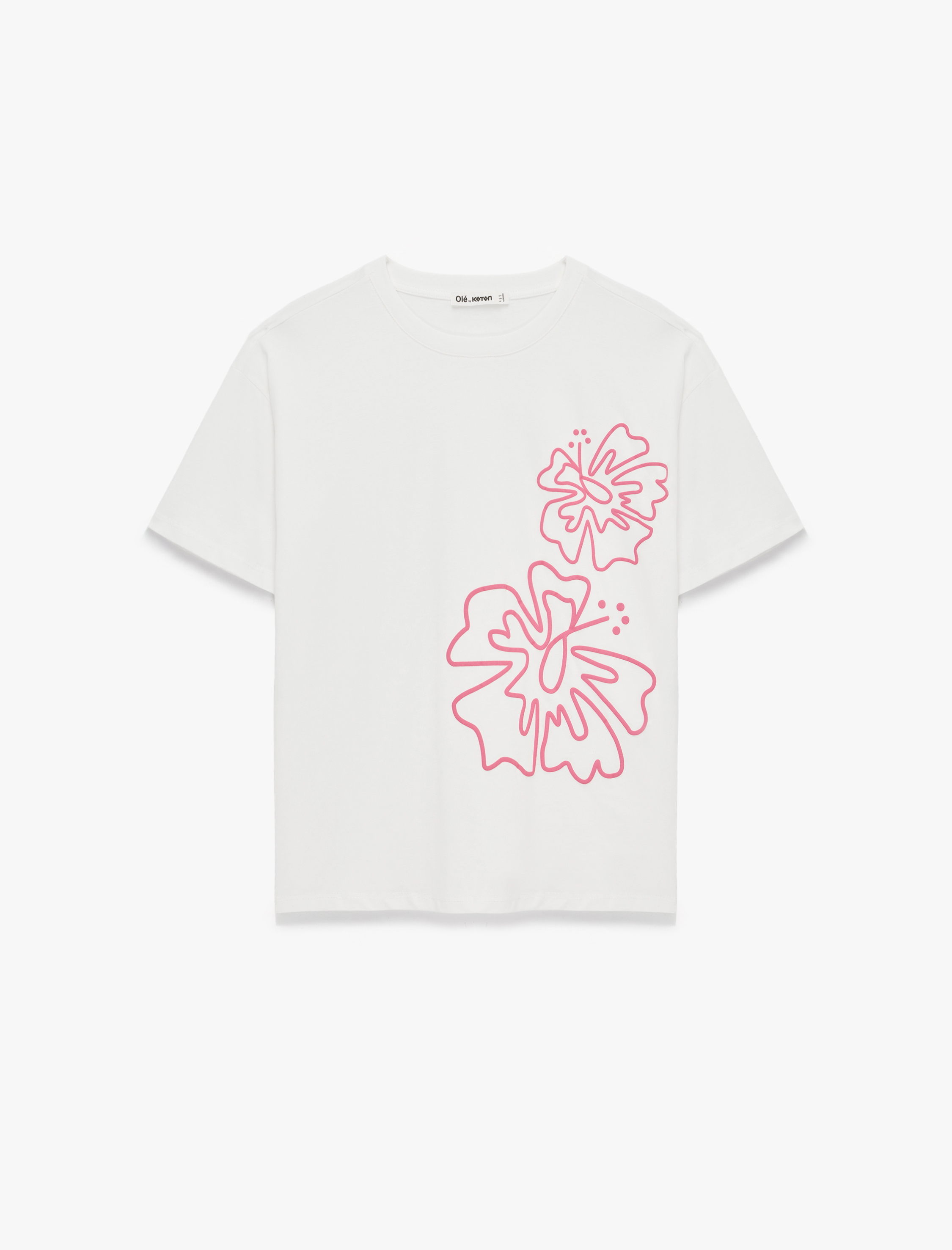 Çiçek Baskılı Bisiklet Yaka Rahat Kalıp Kısa Kollu Pamuklu Tişört - Görsel 3