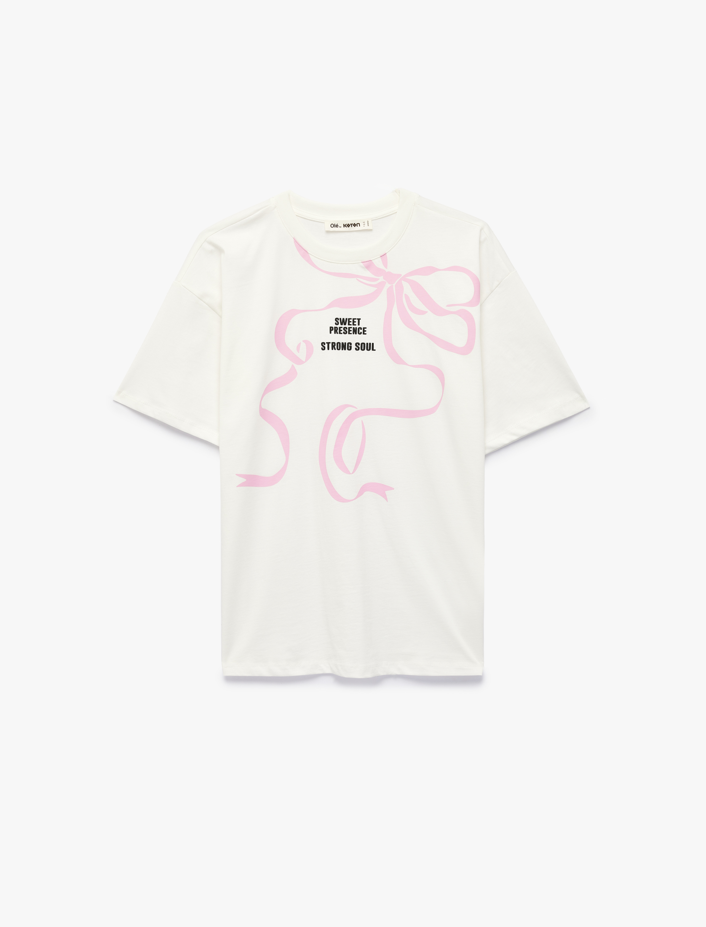 Rahat Kalıp Kısa Kollu Bisiklet Yaka Fiyonk Baskılı Pamuklu Tişört - Görsel 3