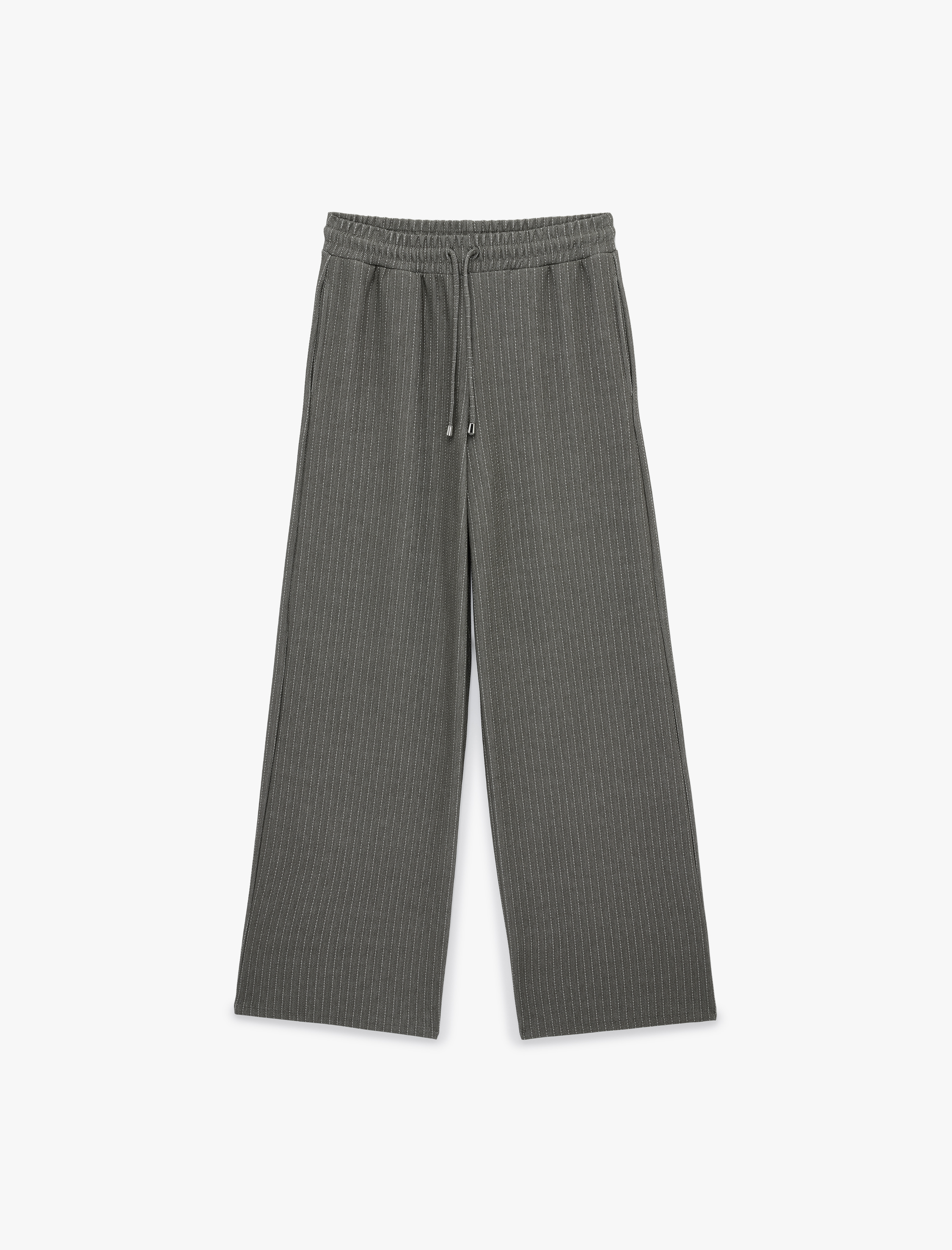 Beli Bağcıklı Cepli Düz Bol Paça Çizgili Pantolon - Görsel 3