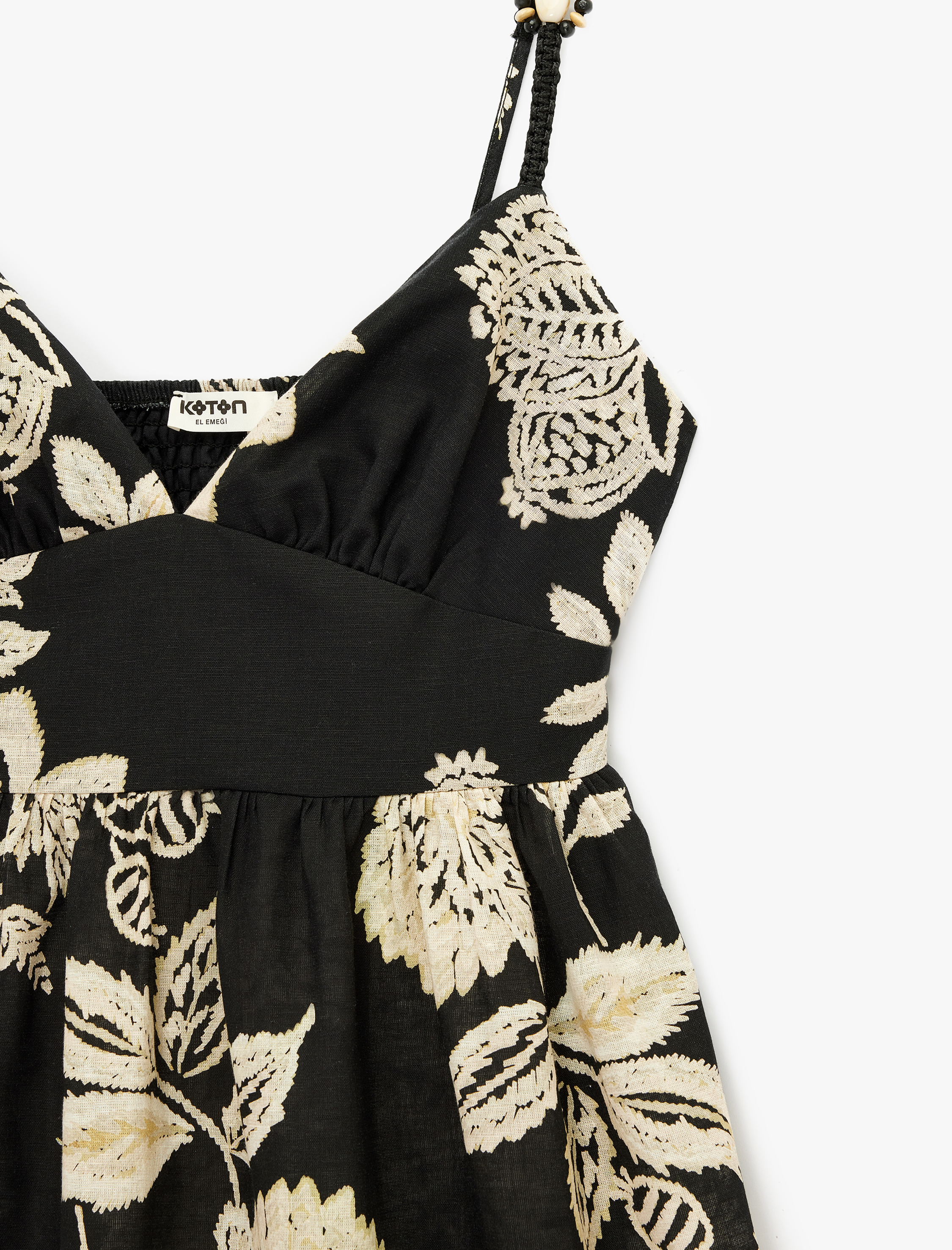   Keten Karışımlı İnce Askılı Nakışlı Çiçekli Uzun Elbise