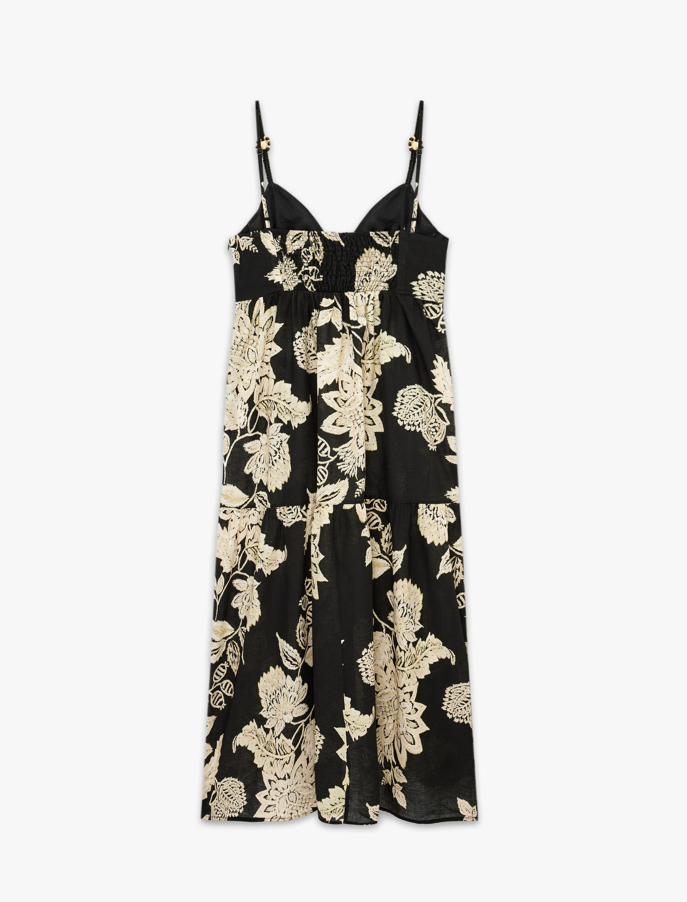   Keten Karışımlı İnce Askılı Nakışlı Çiçekli Uzun Elbise