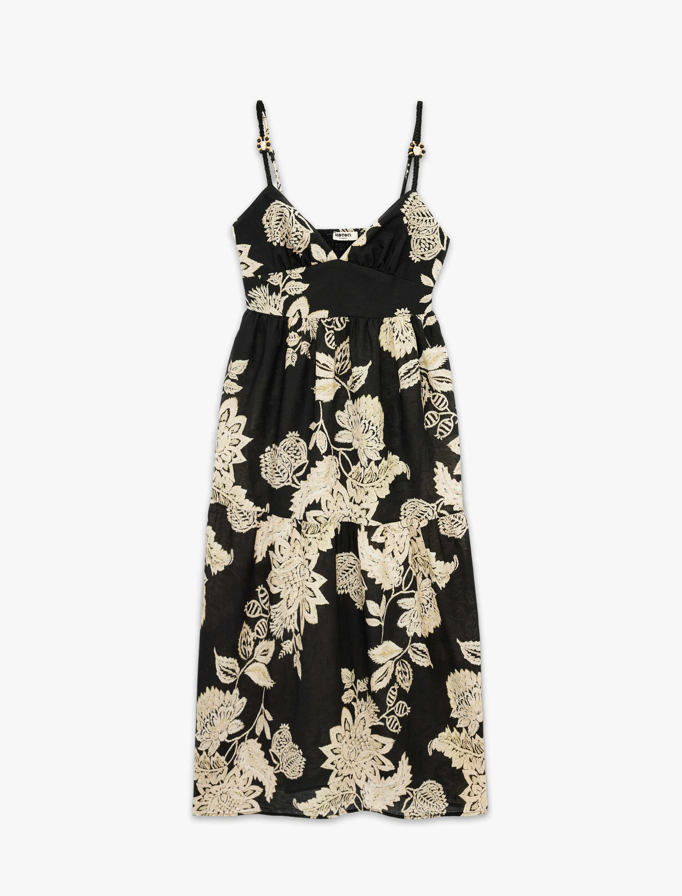   Keten Karışımlı İnce Askılı Nakışlı Çiçekli Uzun Elbise