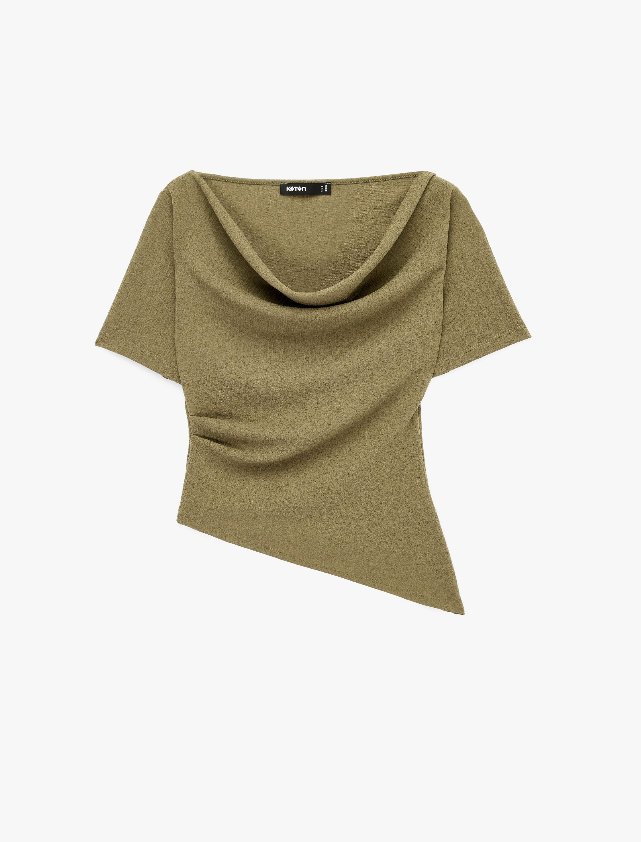 Krep Kumaş Slim Fit Kısa Kollu Degaje Yaka Asimetrik Tişört - Görsel 4