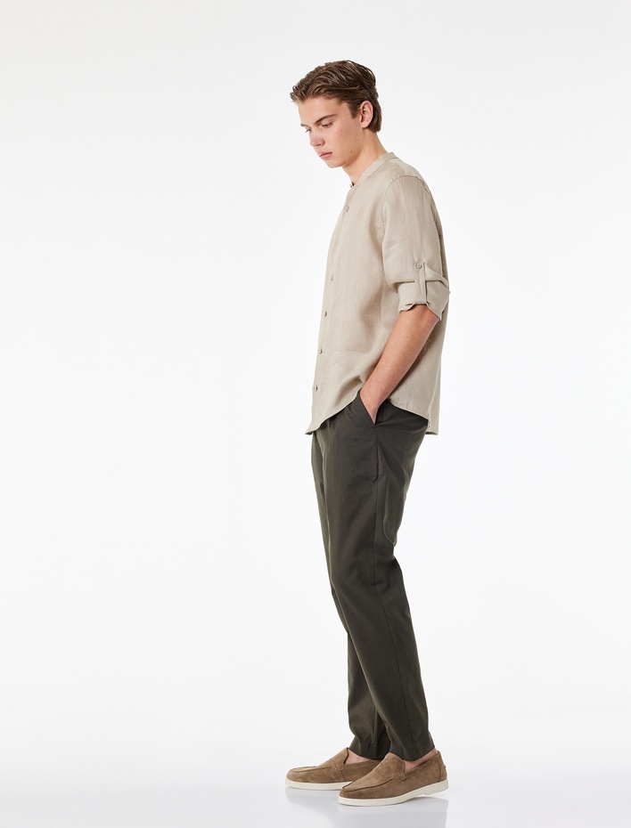  Regular Fit Beli Lastikli Düğmeli Düz Paça Keten Karışımlı Chino Pantolon