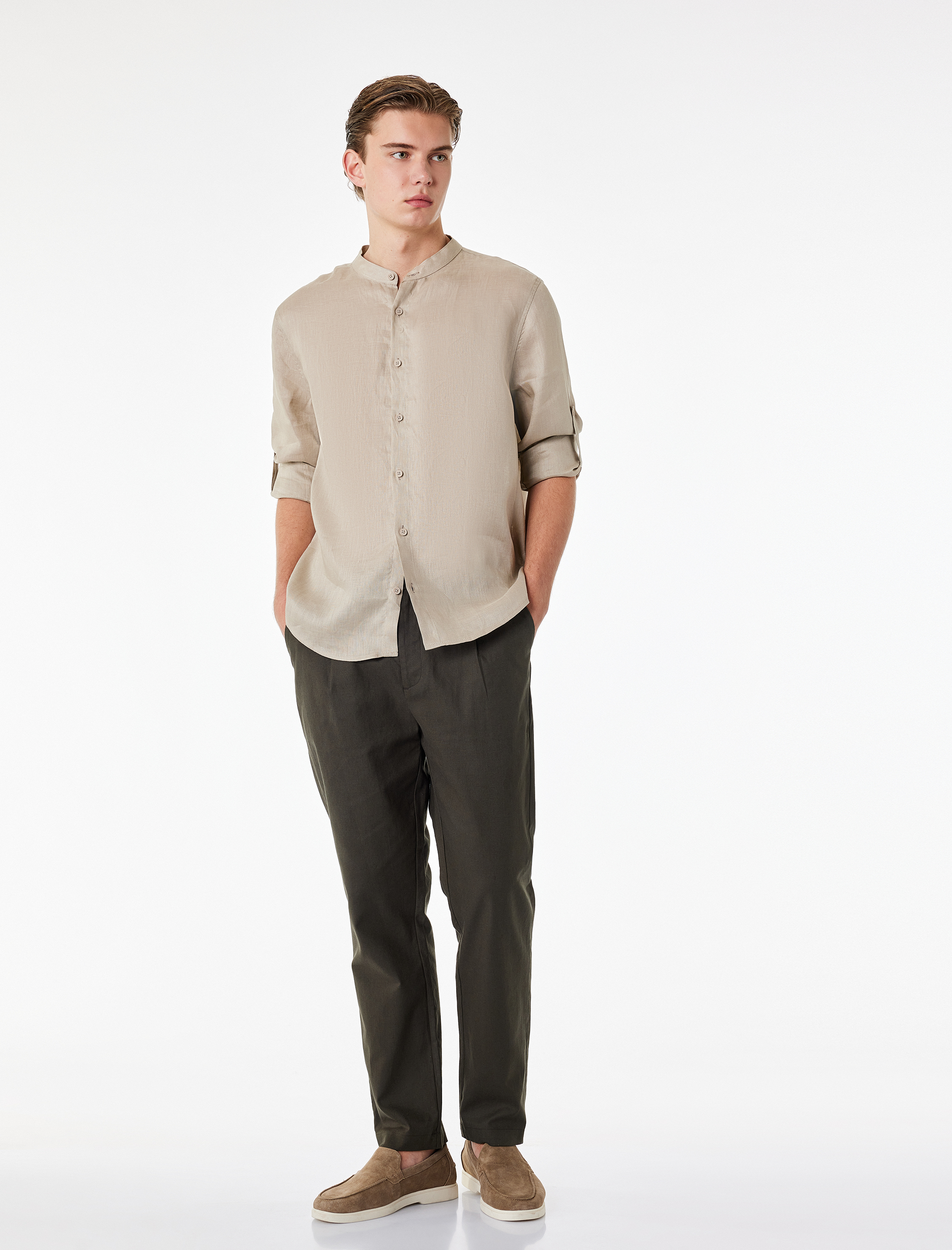 Regular Fit Beli Lastikli Düğmeli Düz Paça Keten Karışımlı Chino Pantolon