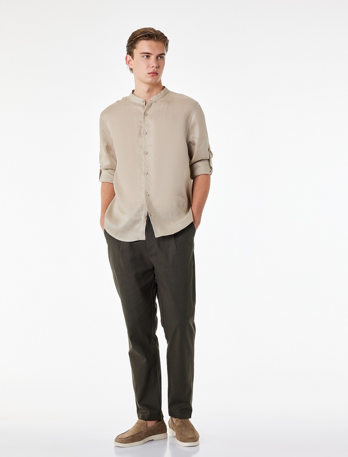  Regular Fit Beli Lastikli Düğmeli Düz Paça Keten Karışımlı Chino Pantolon