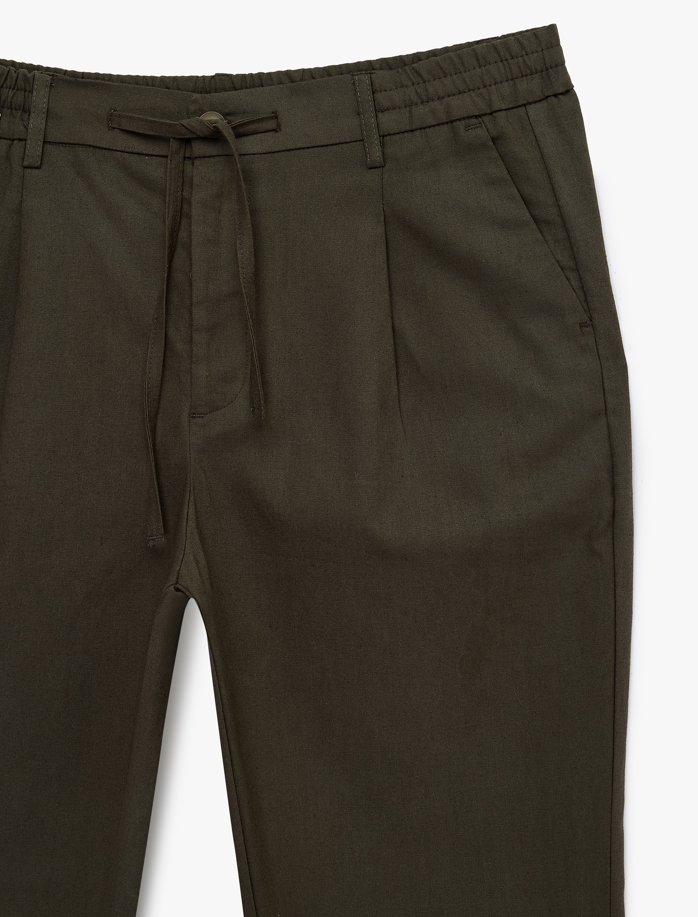 Regular Fit Beli Lastikli Düğmeli Düz Paça Keten Karışımlı Chino Pantolon - Görsel 5